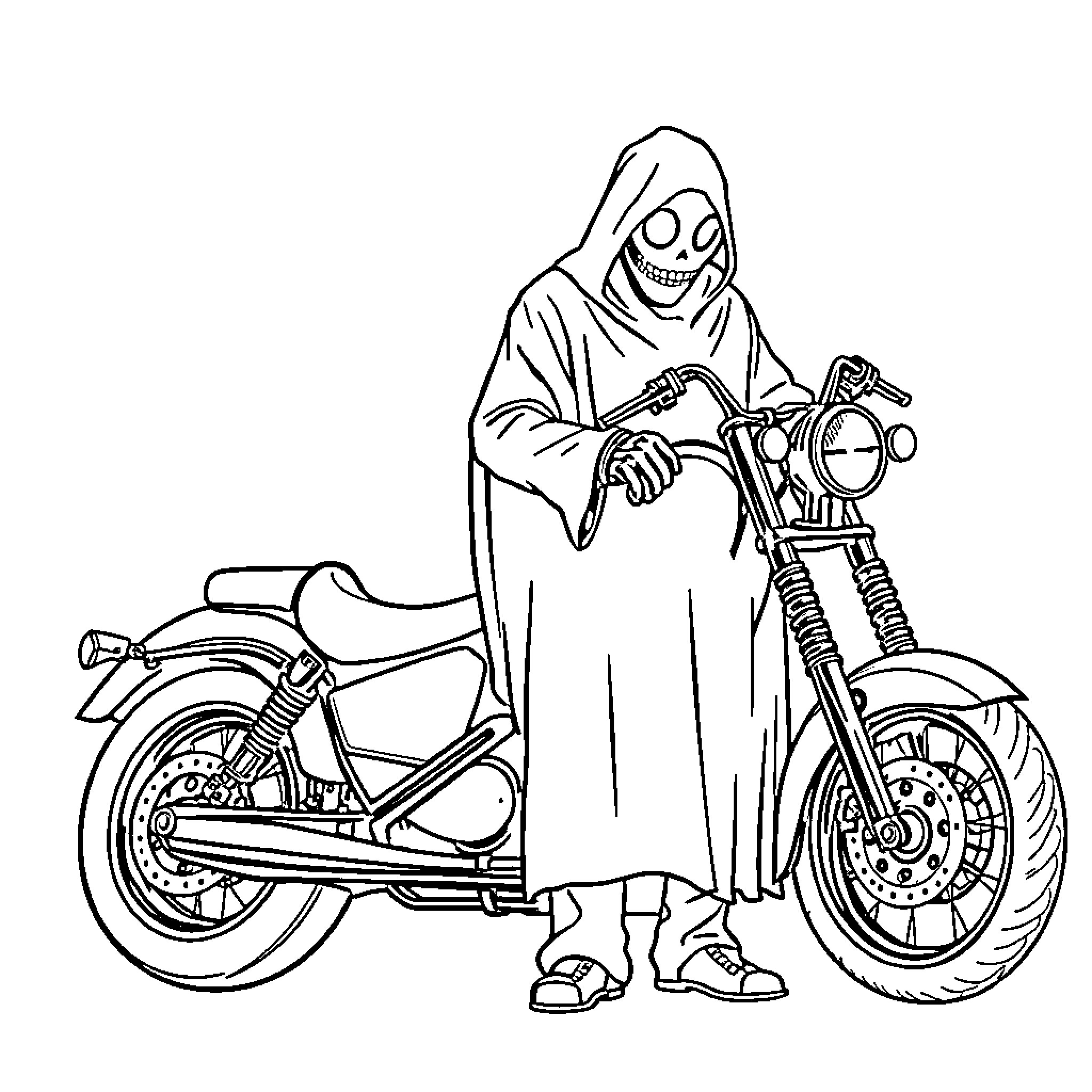 Ghostface Riding a Motorcycle in Hooded Robe Coloring Page (free black-and-white line drawing printable PDF for all, from beginners to advanced learners, including children, teens, adults, and seniors)