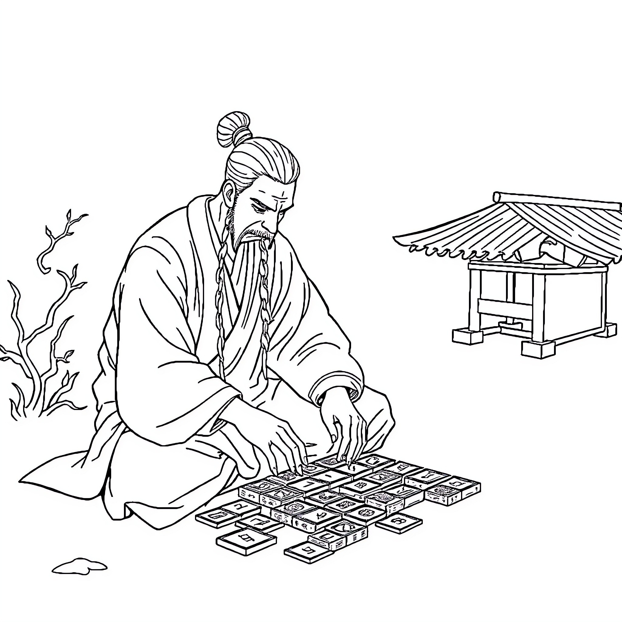 Man engrossed in traditional game near architectural structure Coloring Page (free black-and-white line drawing printable PDF for all, from beginners to advanced learners, including children, teens, adults, and seniors)