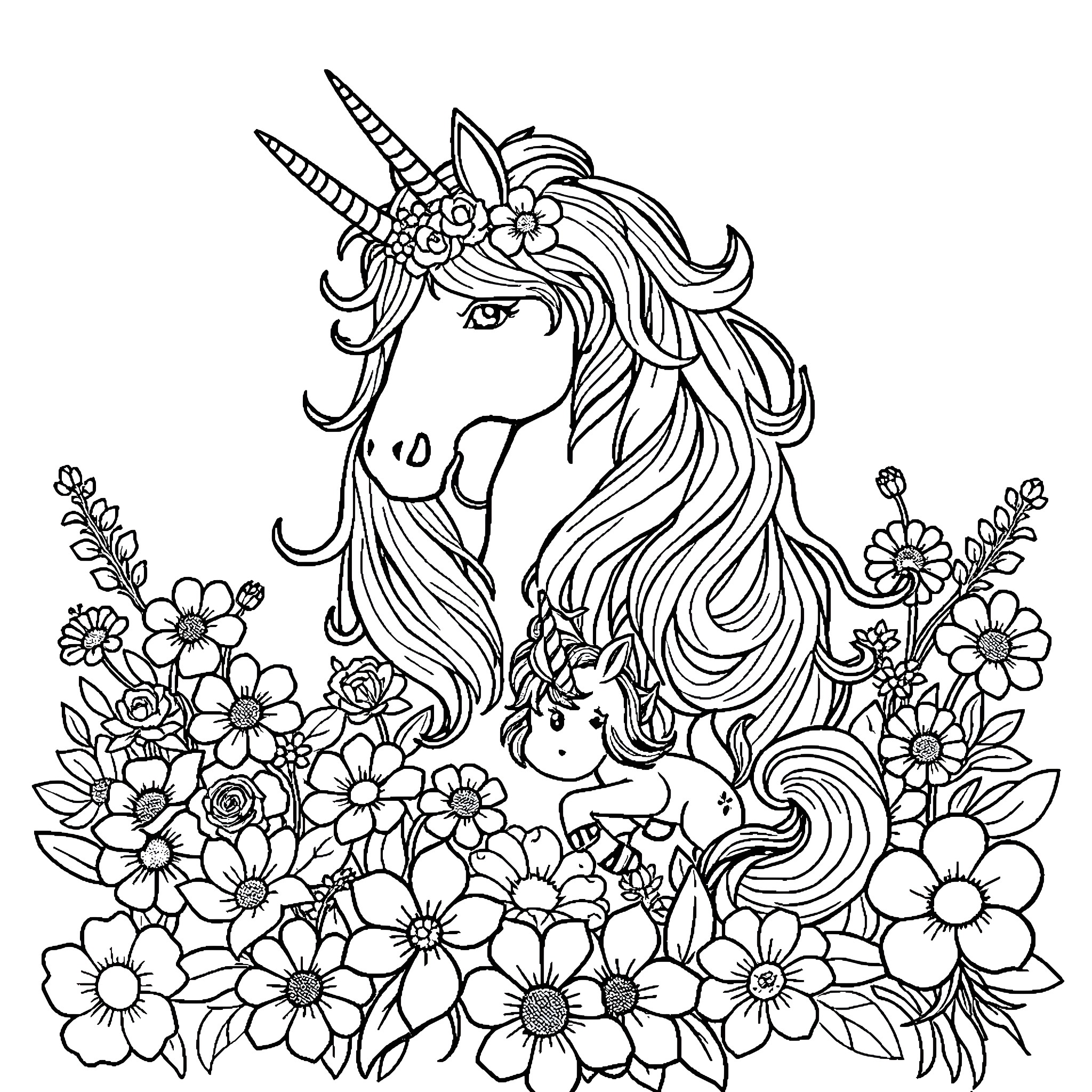 Unicorn surrounded by beautiful floral arrangements Coloring Page (free black-and-white line drawing printable PDF for all, from beginners to advanced learners, including children, teens, adults, and seniors)