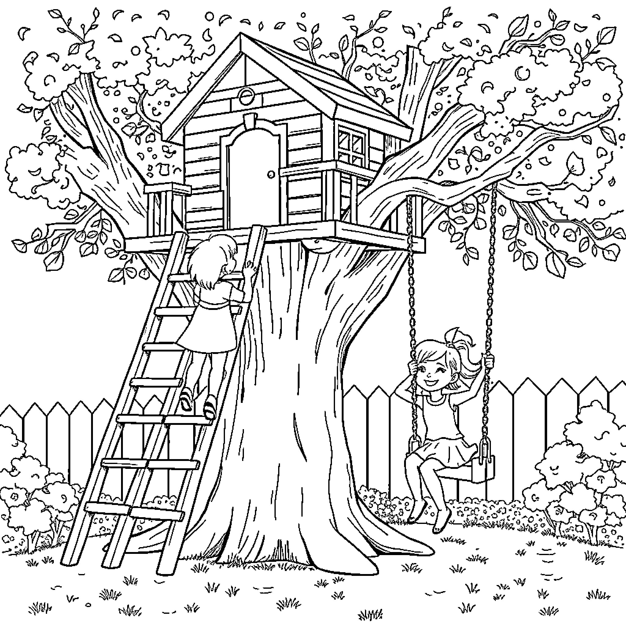 Treehouse with children playing in the garden Coloring Page (free black-and-white line drawing printable PDF for all, from beginners to advanced learners, including children, teens, adults, and seniors)