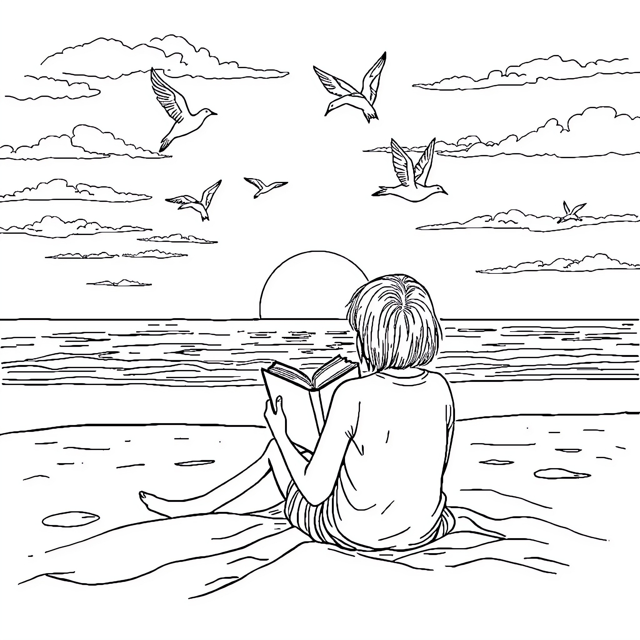 Book of Tranquility at Sunset by the Sea Coloring Page (free black-and-white line drawing printable PDF for all, from beginners to advanced learners, including children, teens, adults, and seniors)