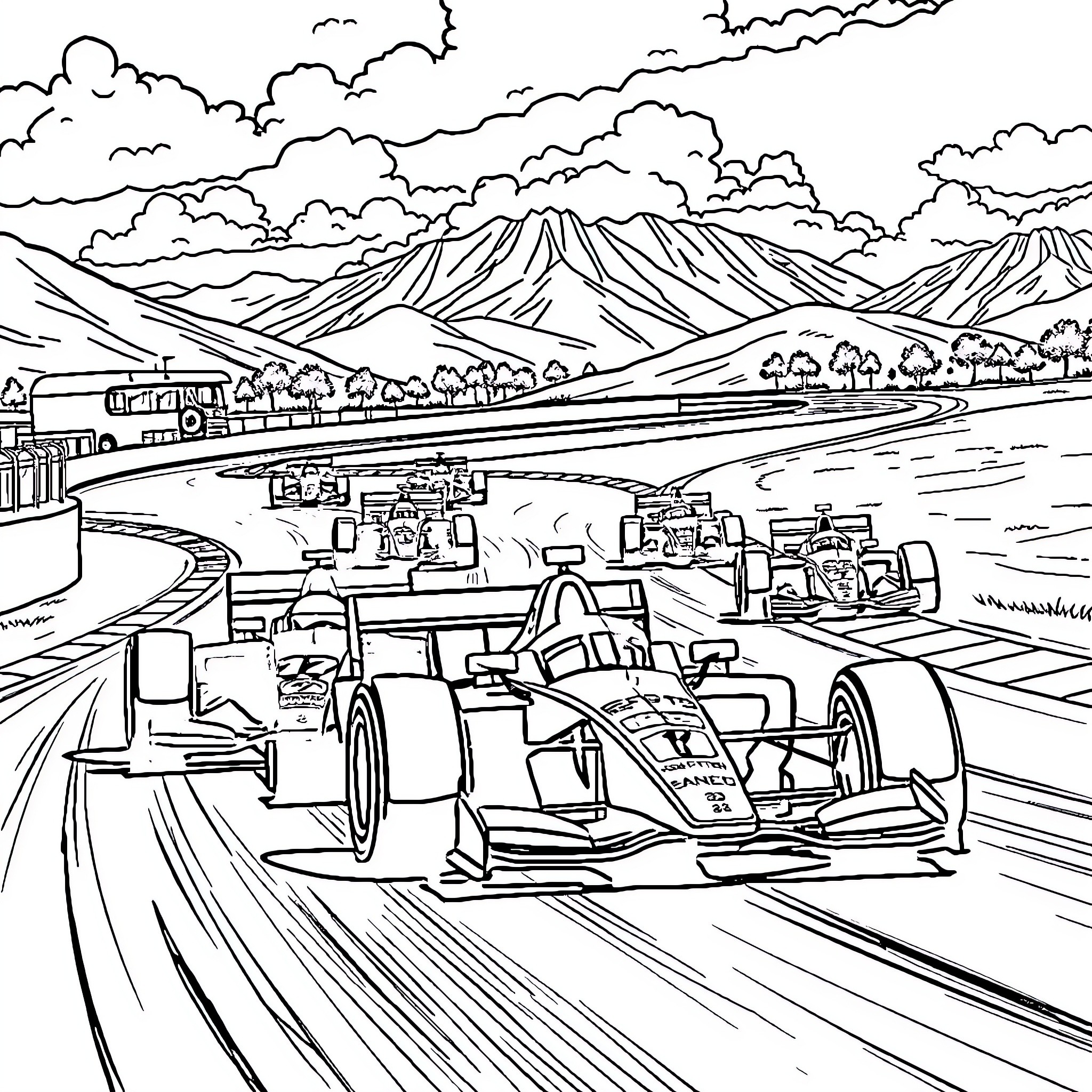 Formula One Car Racing on Winding Mountain Track Coloring Page (free black-and-white line drawing printable PDF for all, from beginners to advanced learners, including children, teens, adults, and seniors)