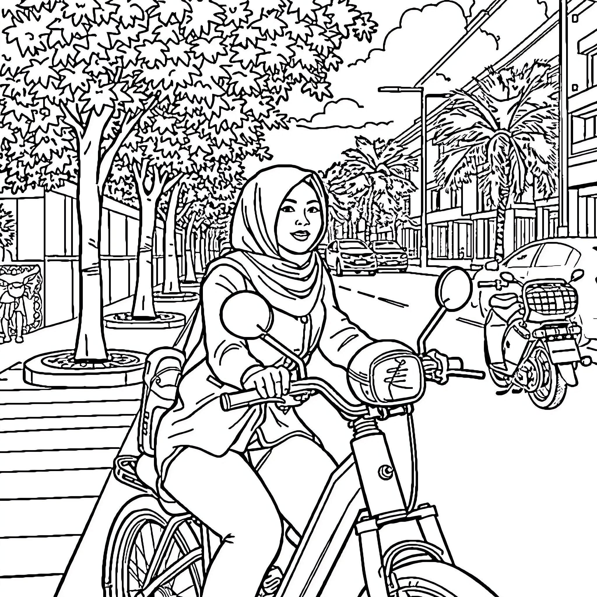 Bicycle ride through a city street Coloring Page (free black-and-white line drawing printable PDF for all, from beginners to advanced learners, including children, teens, adults, and seniors)