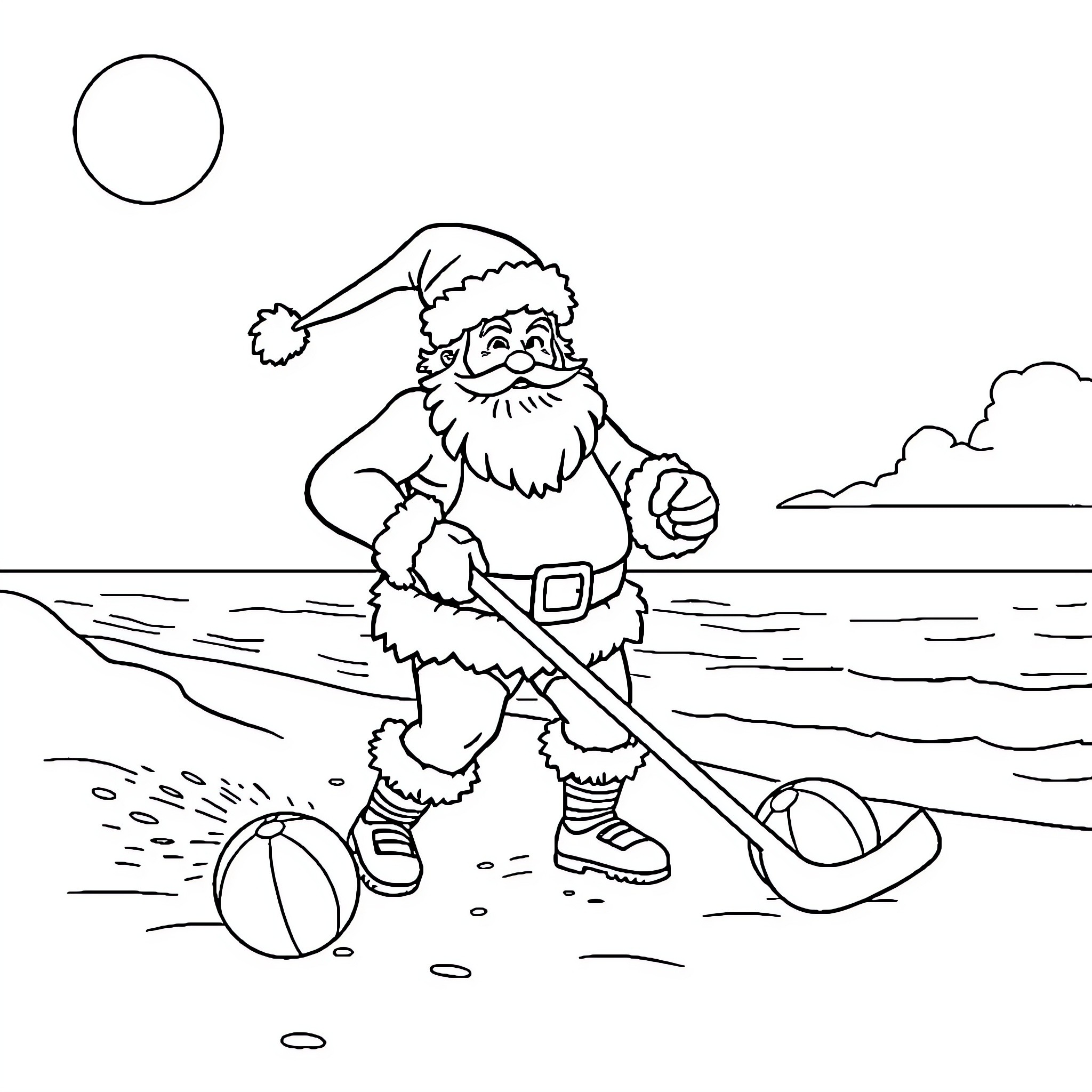 Santa playing with beach toys on the shore Coloring Page (free black-and-white line drawing printable PDF for all, from beginners to advanced learners, including children, teens, adults, and seniors)
