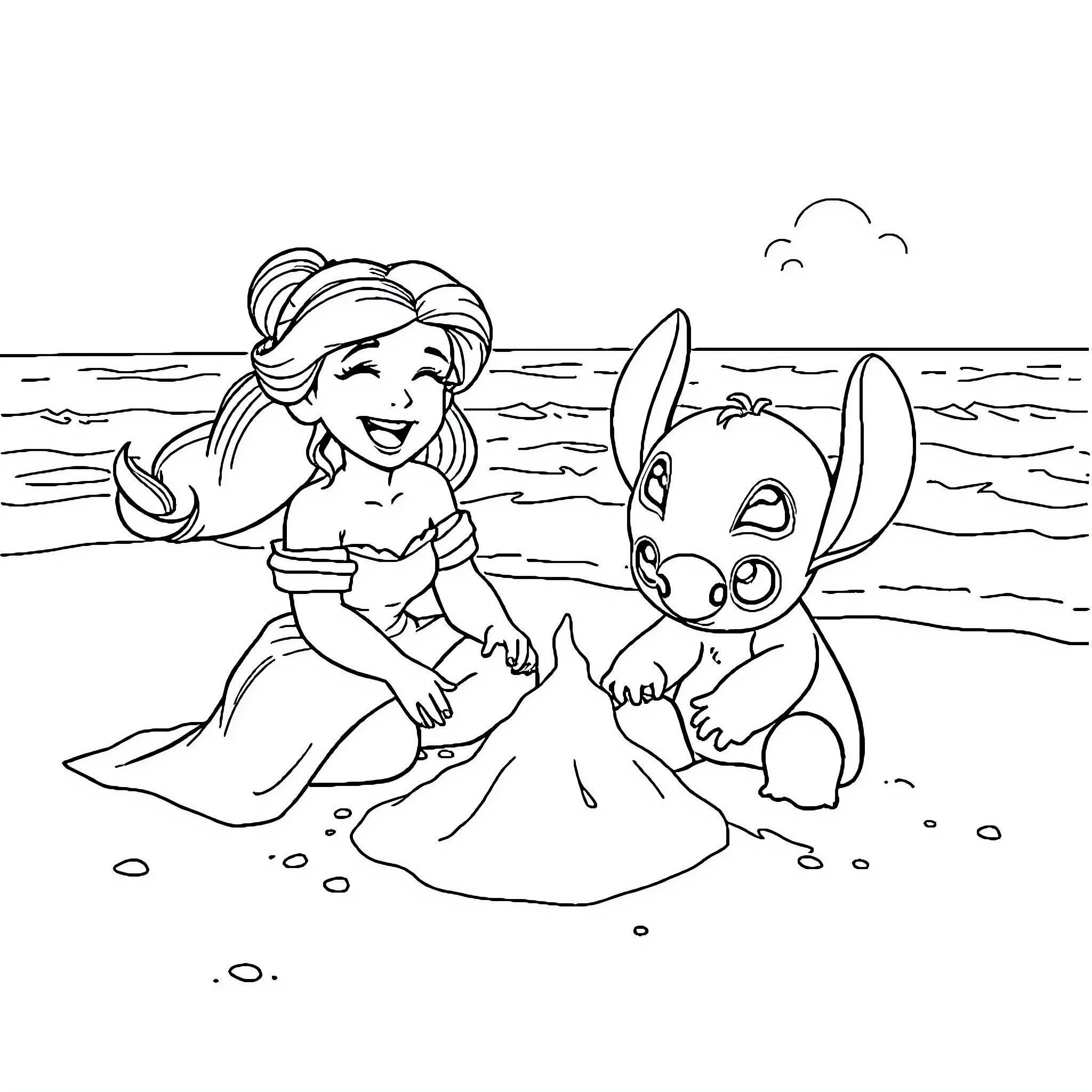 Belle Enjoying a Beach Day with Stitch Coloring Page (free black-and-white line drawing printable PDF for all, from beginners to advanced learners, including children, teens, adults, and seniors)