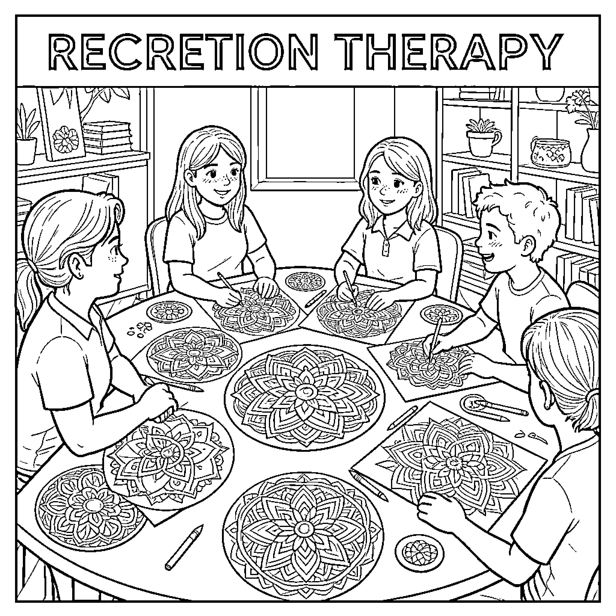 Mandalas in a Recreation Therapy Session Coloring Page (free black-and-white line drawing printable PDF for all, from beginners to advanced learners, including children, teens, adults, and seniors)