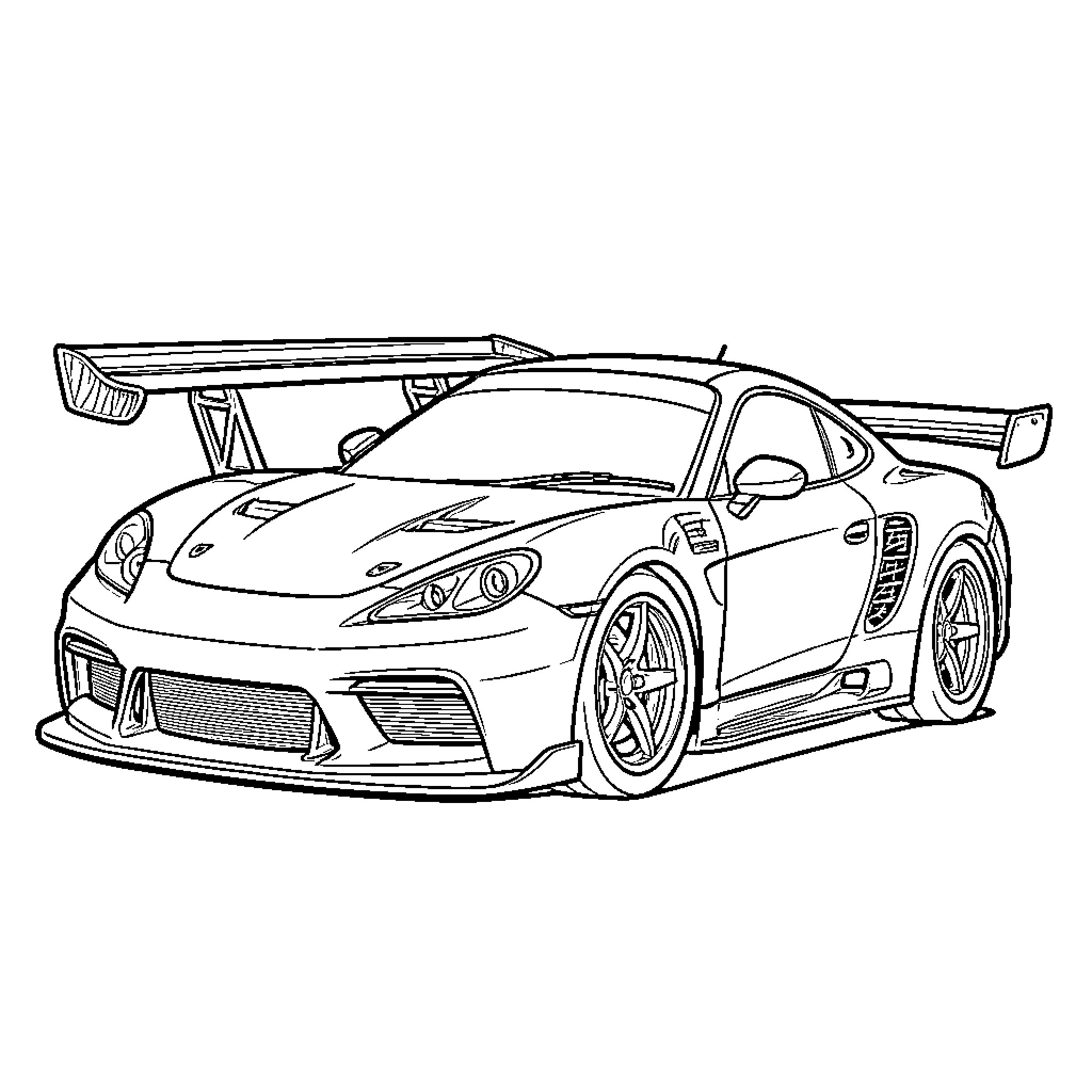 Racecar with aerodynamic body and high-performance features Coloring Page (free black-and-white line drawing printable PDF for all, from beginners to advanced learners, including children, teens, adults, and seniors)