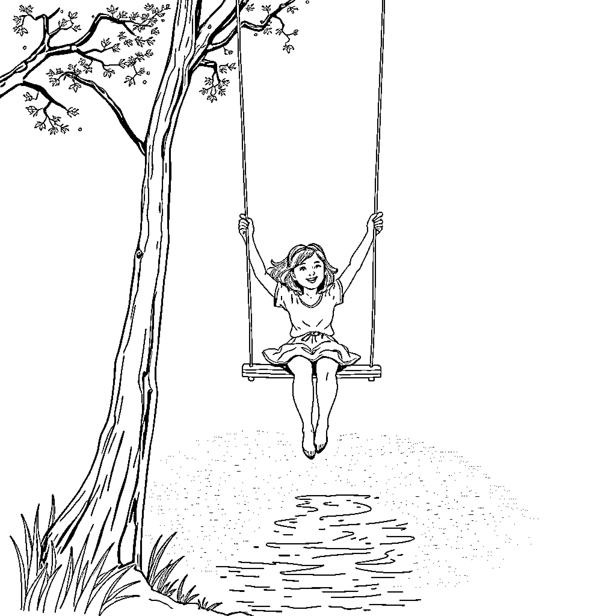 Swing by the blossoming tree Coloring Page (free black-and-white line drawing printable PDF for all, from beginners to advanced learners, including children, teens, adults, and seniors)