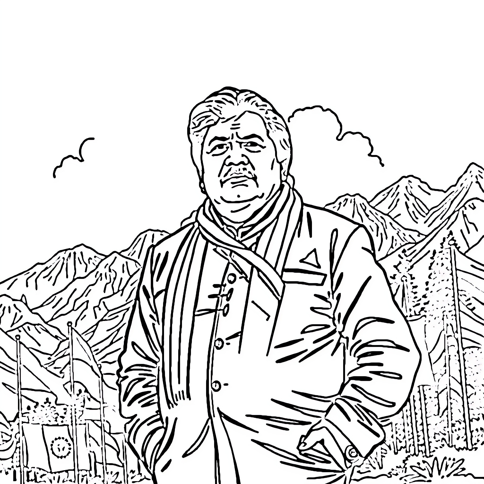 Evo Morales in Contemplative Pose Amid Mountainous Landscape Coloring Page (free black-and-white line drawing printable PDF for all, from beginners to advanced learners, including children, teens, adults, and seniors)