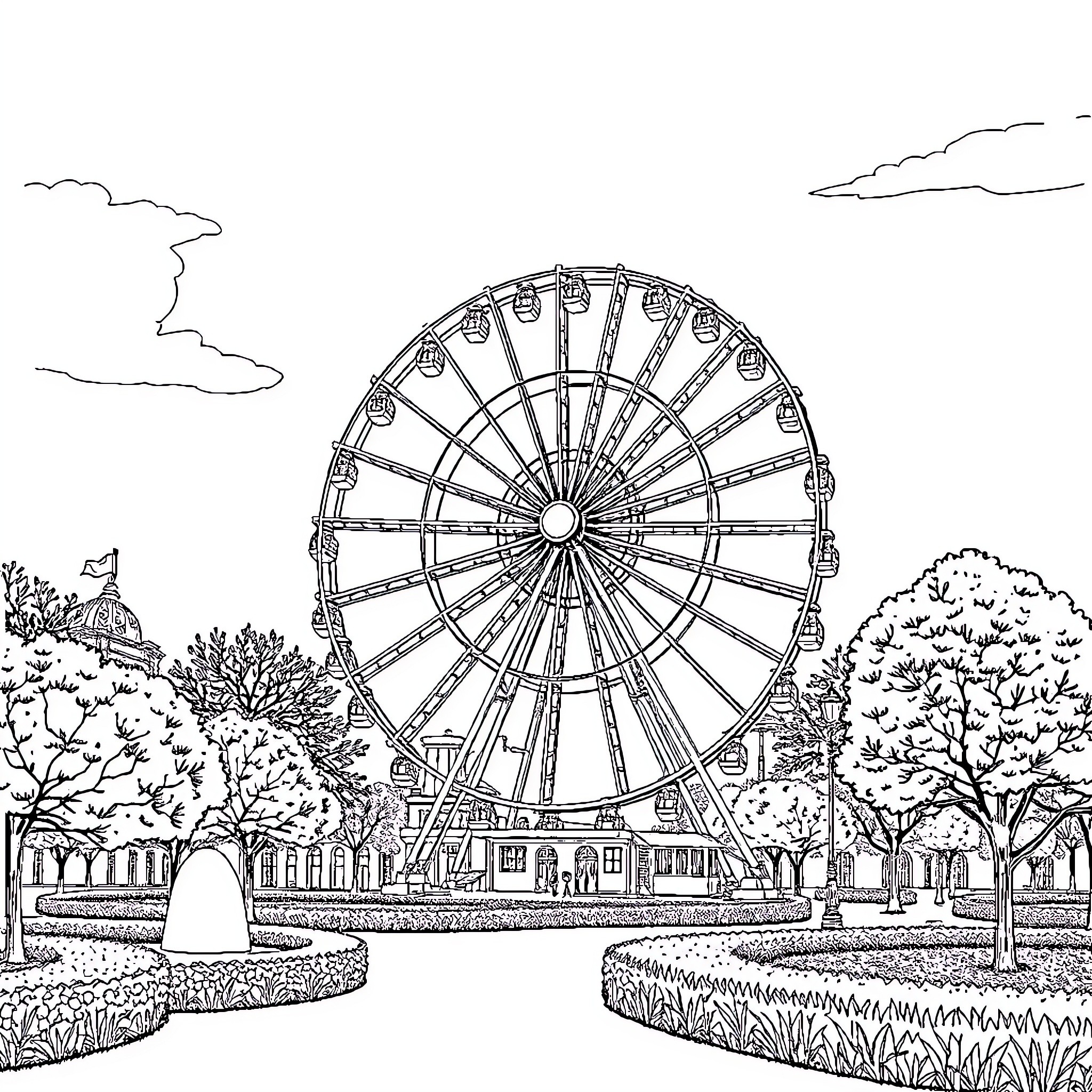 Ferris Wheel at an Amusement Park Coloring Page (free black-and-white line drawing printable PDF for all, from beginners to advanced learners, including children, teens, adults, and seniors)