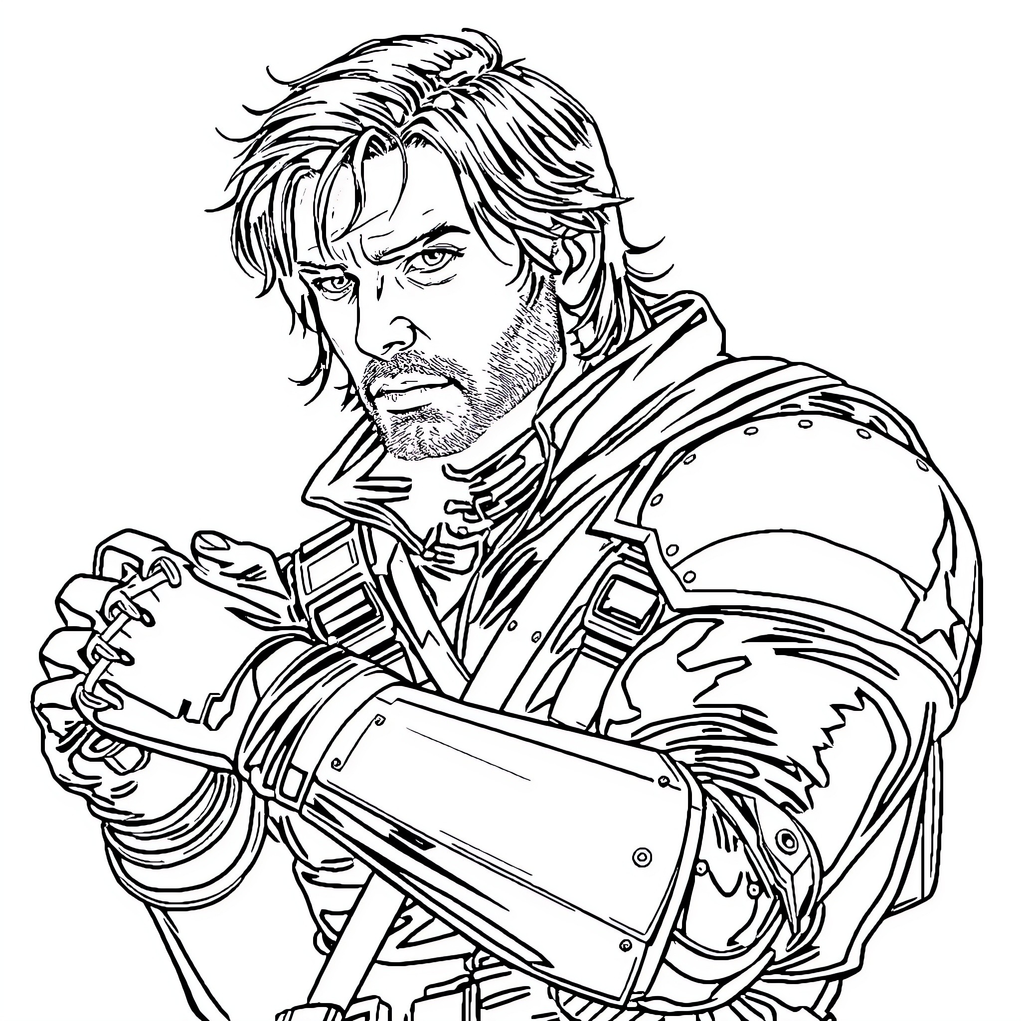 Bucky Barnes, a determined soldier in battle gear Coloring Page (free black-and-white line drawing printable PDF for all, from beginners to advanced learners, including children, teens, adults, and seniors)