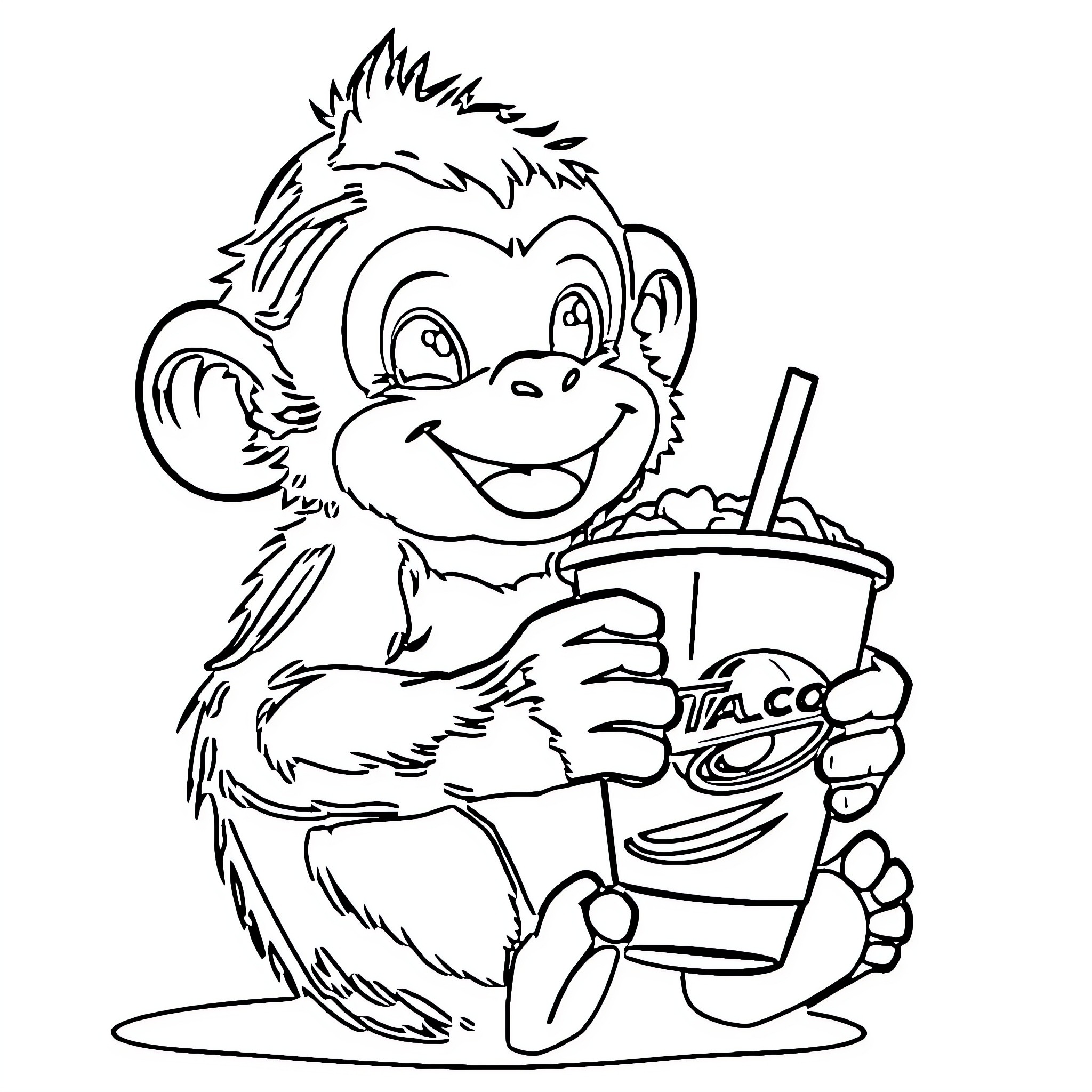 Taco Bell Monkey Enjoys Refreshing Beverage Coloring Page (free black-and-white line drawing printable PDF for all, from beginners to advanced learners, including children, teens, adults, and seniors)
