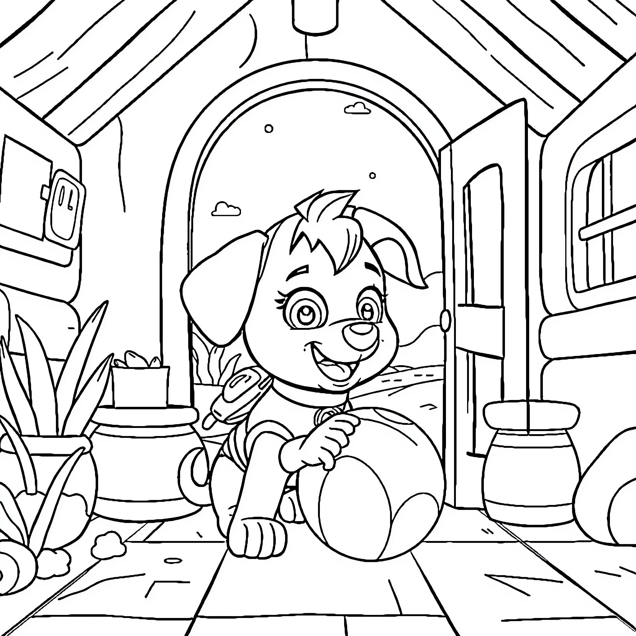 Stella's Cozy Abode: A Puppy's Playful Exploration Coloring Page (free black-and-white line drawing printable PDF for all, from beginners to advanced learners, including children, teens, adults, and seniors)