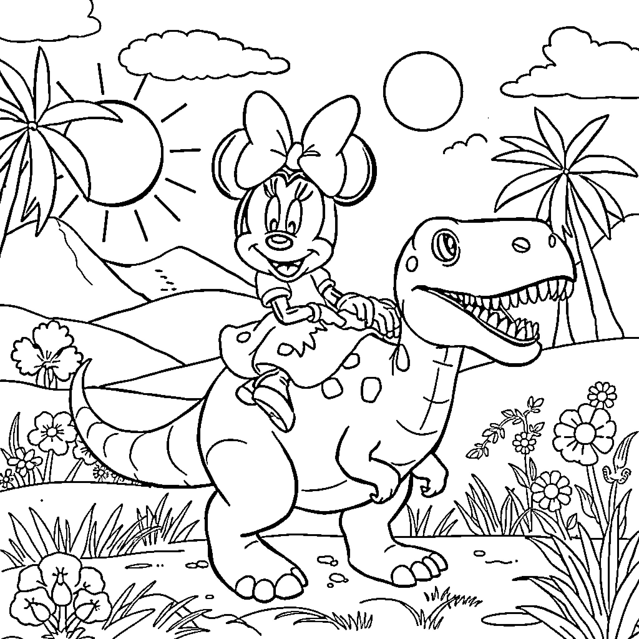 Minnie Mouse rides a friendly dinosaur in a tropical paradise Coloring Page (free black-and-white line drawing printable PDF for all, from beginners to advanced learners, including children, teens, adults, and seniors)