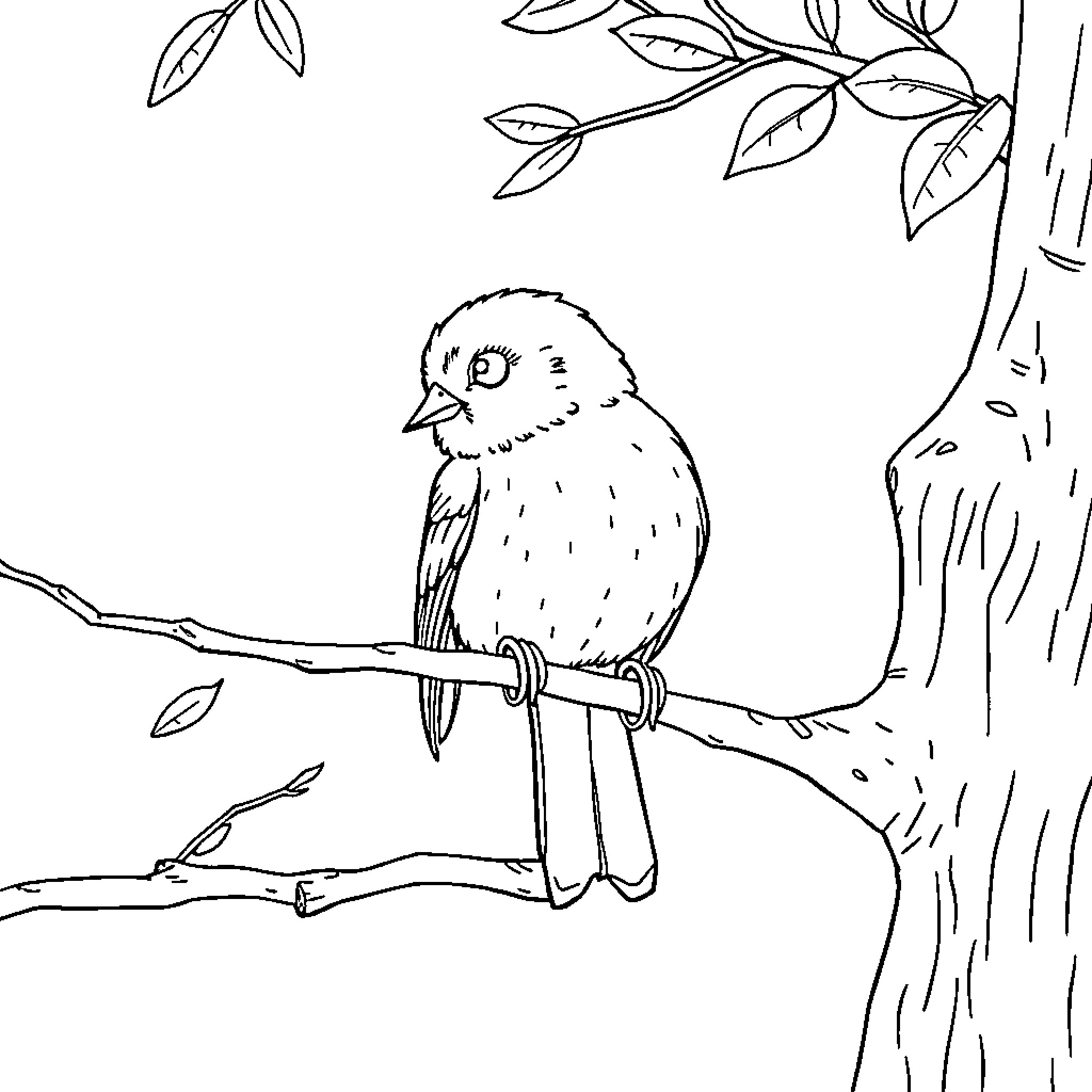 Owl perched on branch with leaves Coloring Page (free black-and-white line drawing printable PDF for all, from beginners to advanced learners, including children, teens, adults, and seniors)