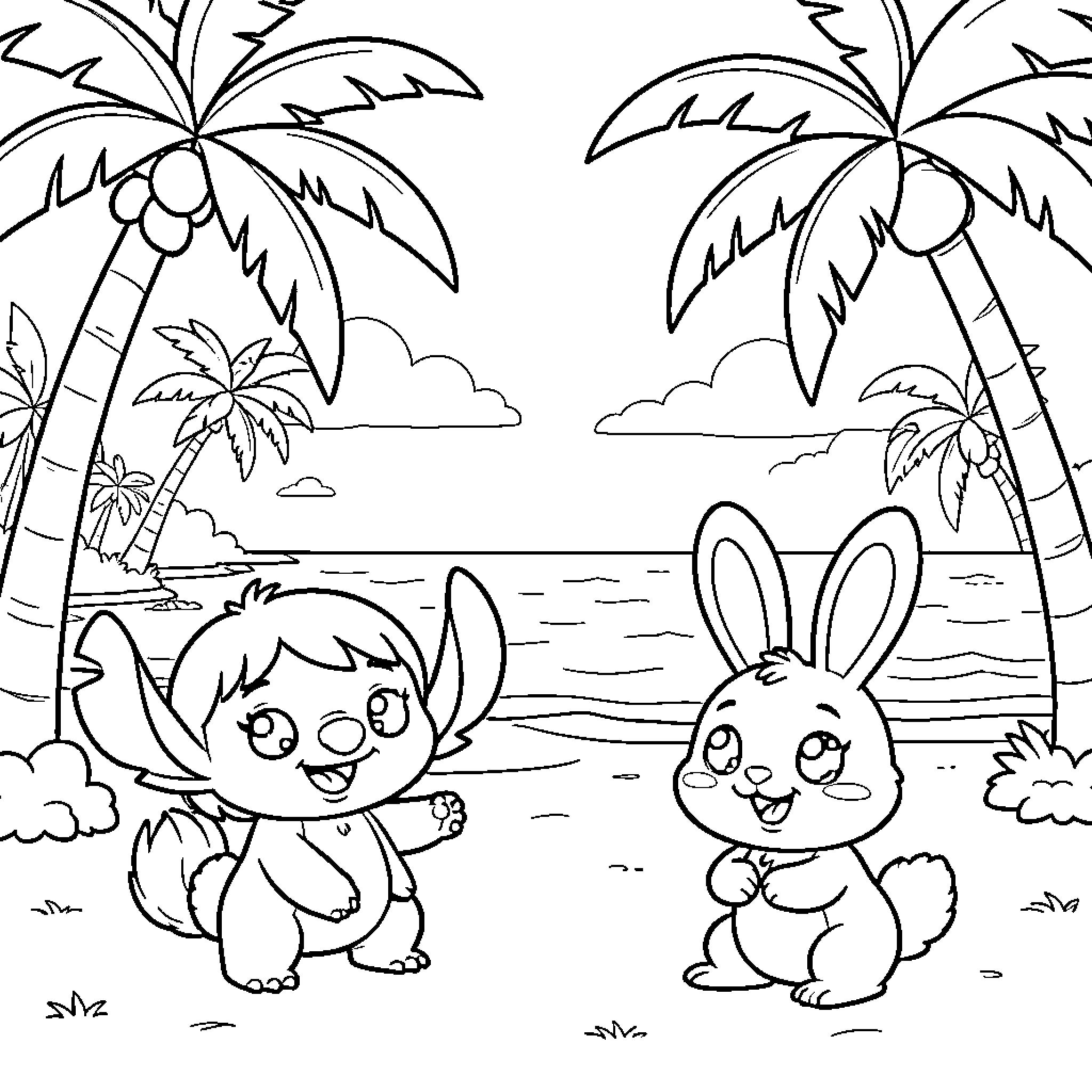 Coconut characters playing on a tropical beach Coloring Page (free black-and-white line drawing printable PDF for all, from beginners to advanced learners, including children, teens, adults, and seniors)