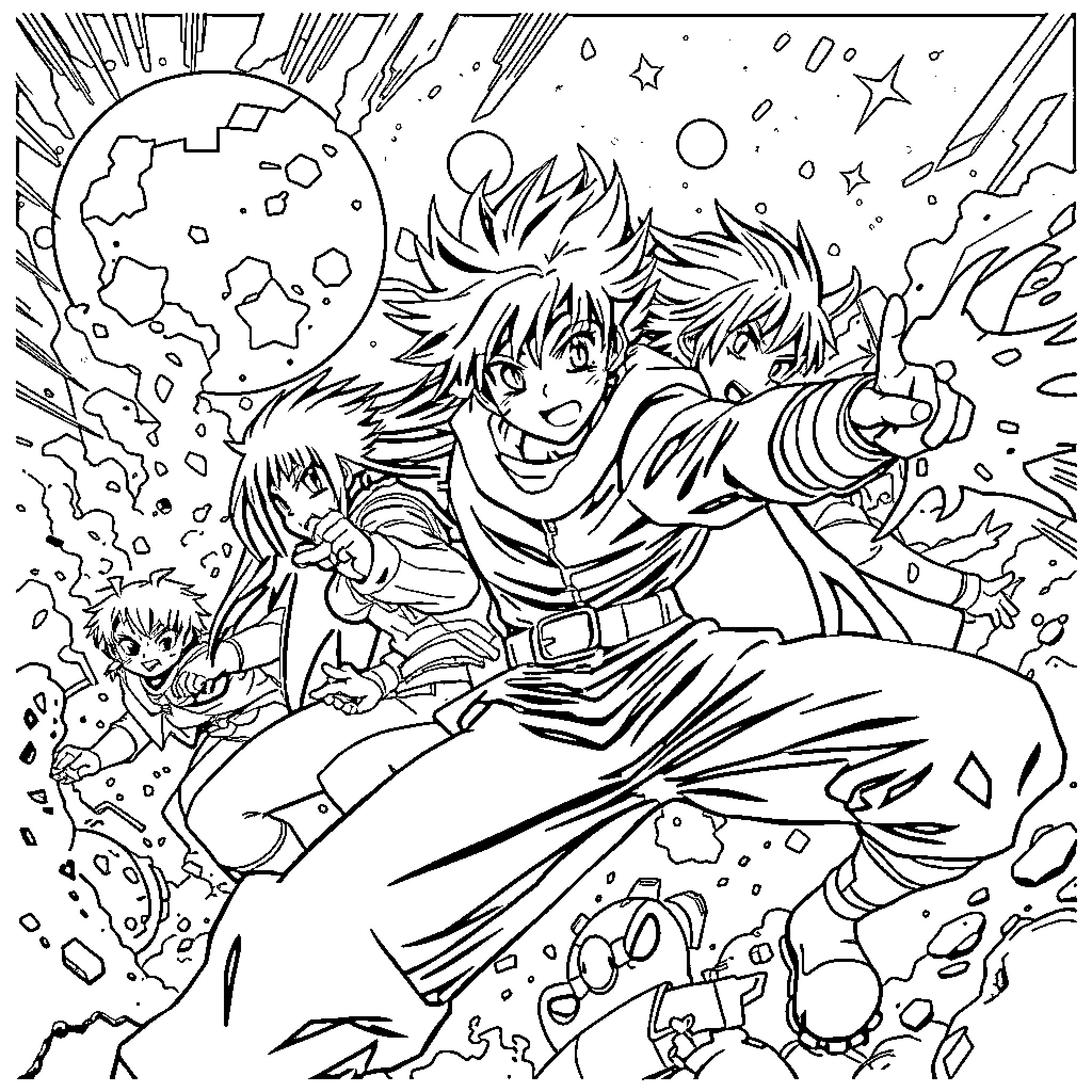 Anime Characters in Epic Cosmic Clash Coloring Page (free black-and-white line drawing printable PDF for all, from beginners to advanced learners, including children, teens, adults, and seniors)