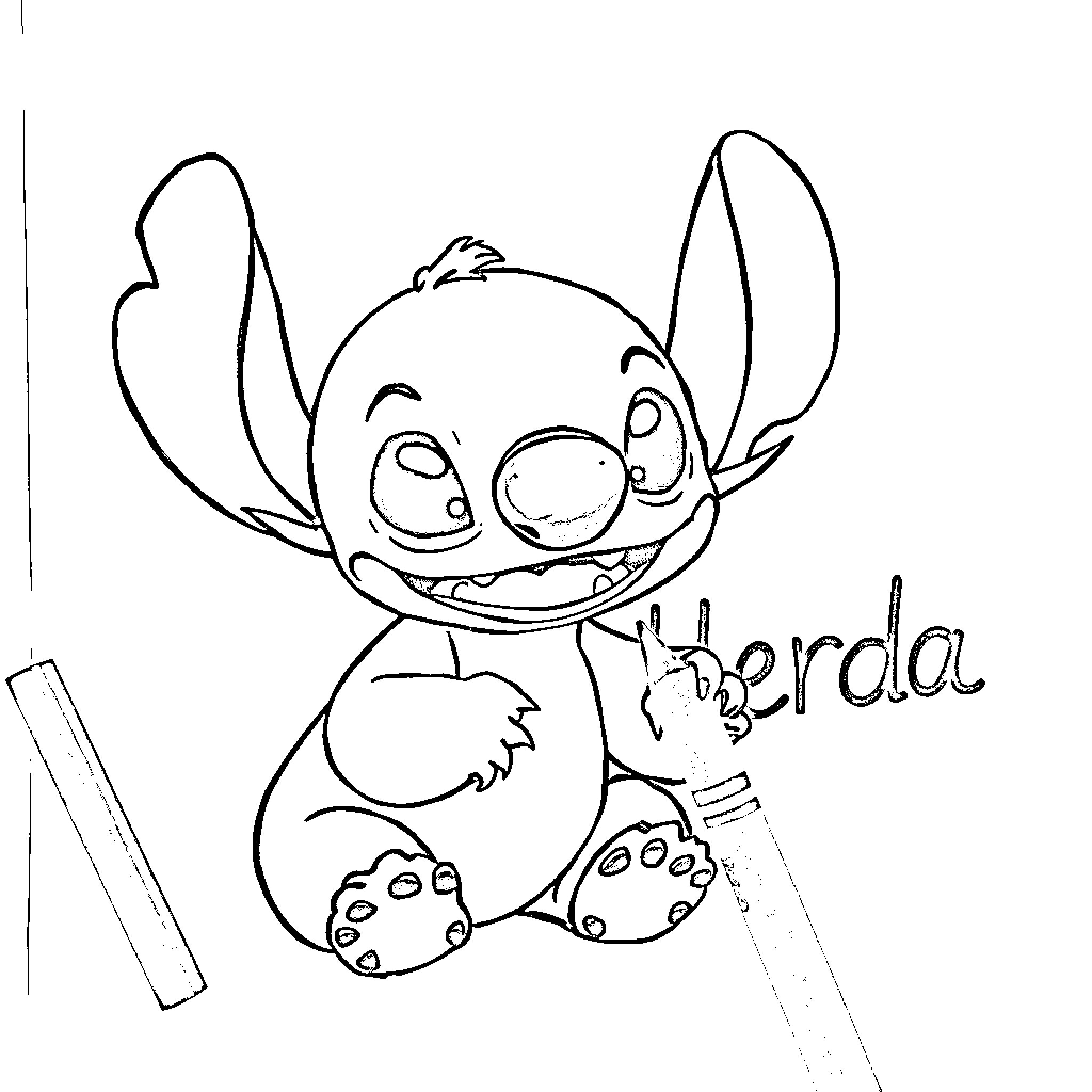 Stitch doodles and writes on a page Coloring Page (free black-and-white line drawing printable PDF for all, from beginners to advanced learners, including children, teens, adults, and seniors)