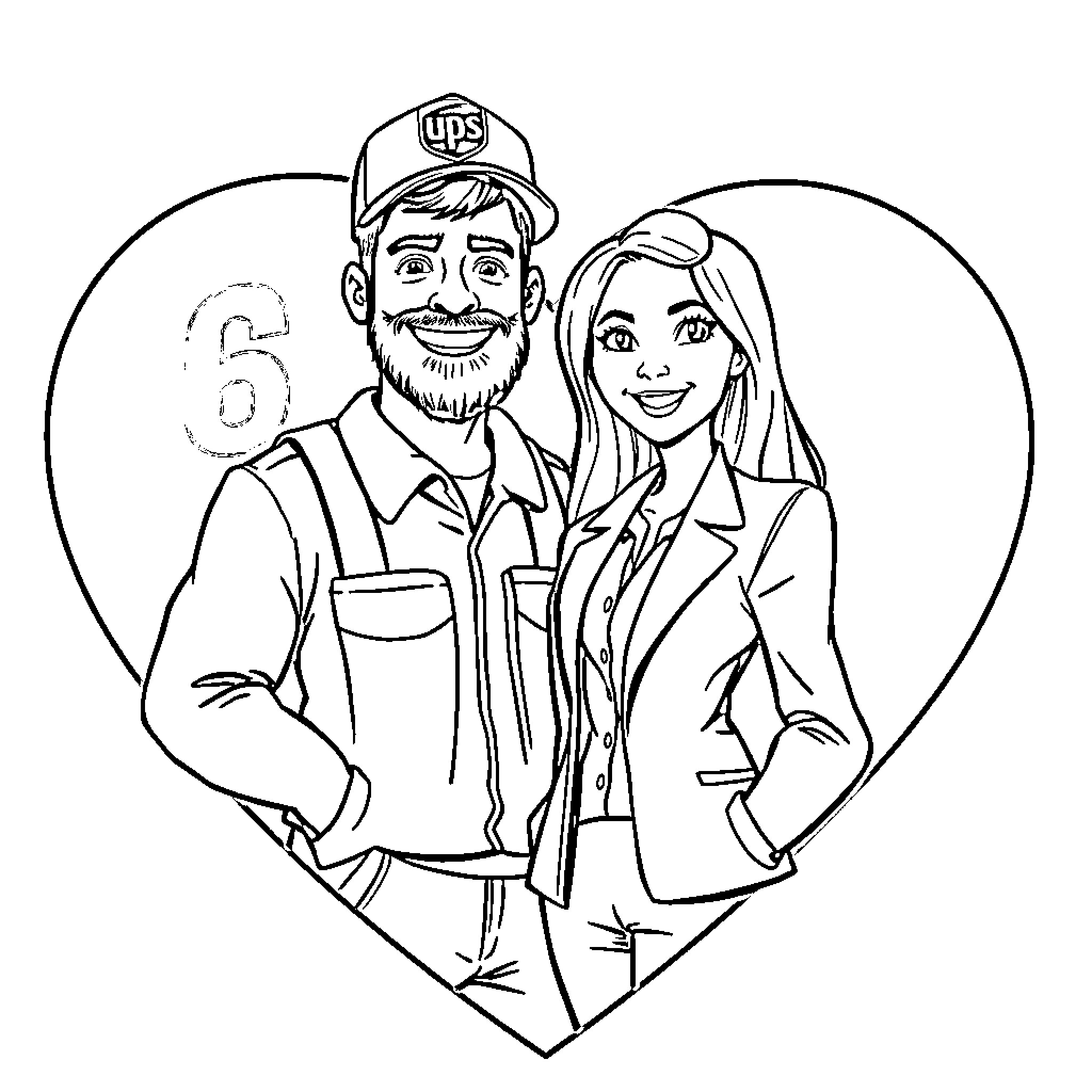 UPS Truck Driver and Colleague Posing Together Coloring Page (free black-and-white line drawing printable PDF for all, from beginners to advanced learners, including children, teens, adults, and seniors)