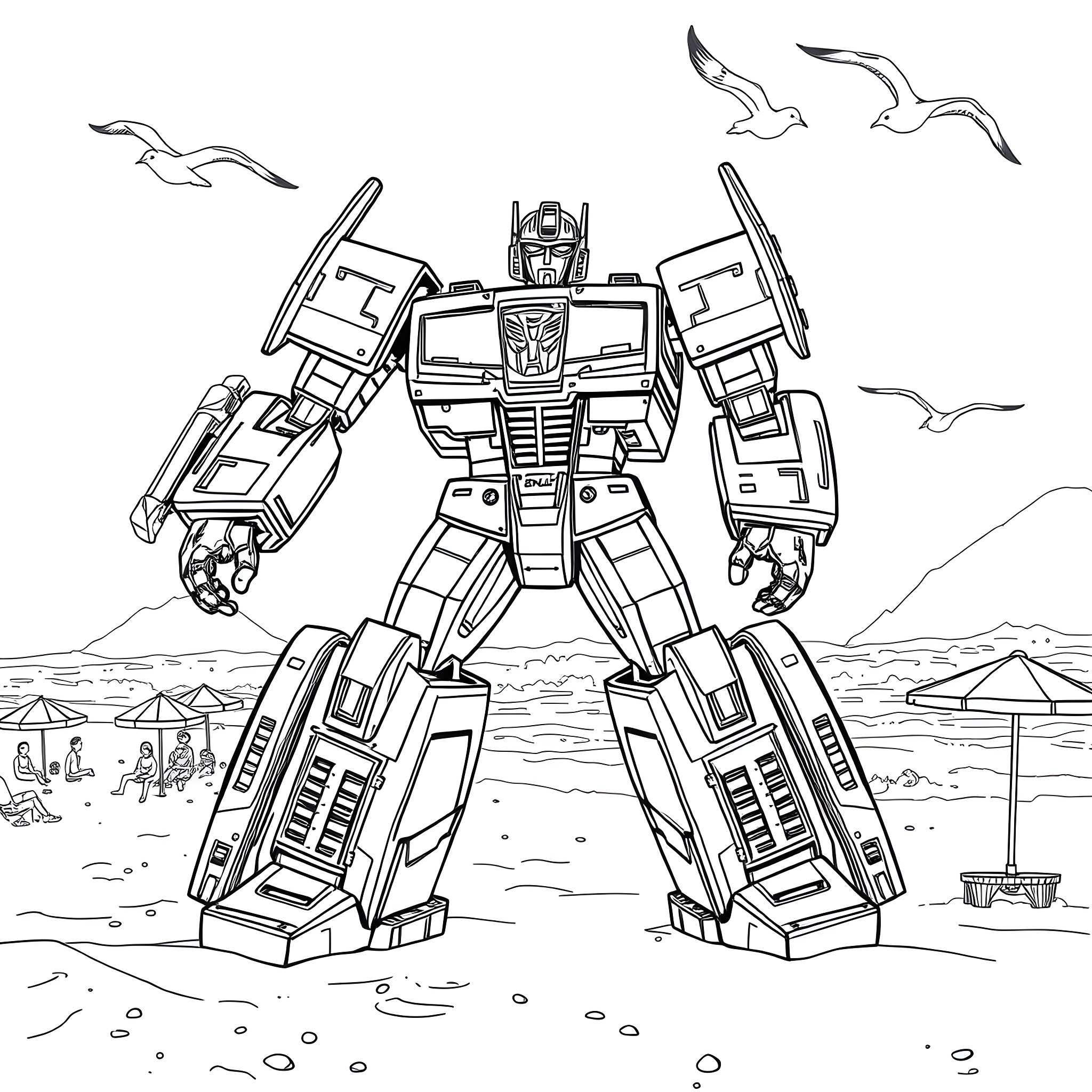 Transformer robot in action on the beach Coloring Page (free black-and-white line drawing printable PDF for all, from beginners to advanced learners, including children, teens, adults, and seniors)