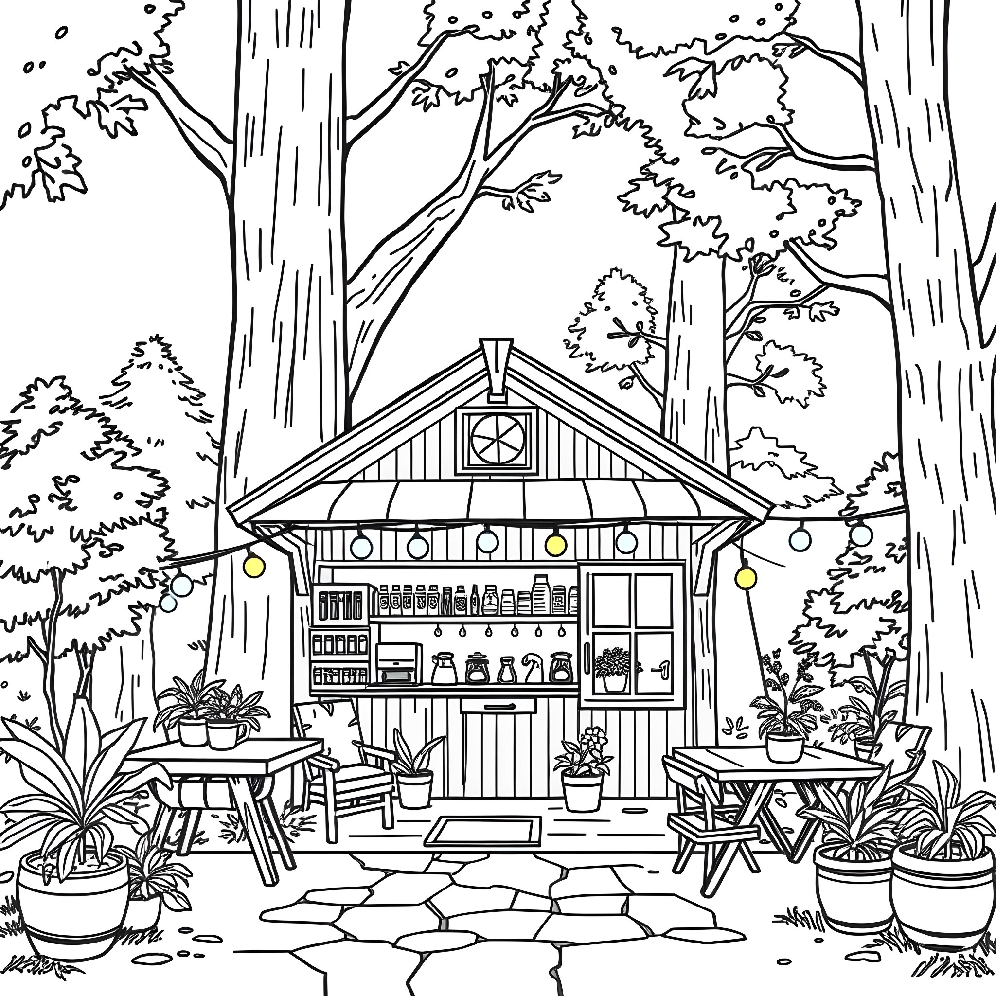 Coffee in the cozy cabin in the woods Coloring Page (free black-and-white line drawing printable PDF for all, from beginners to advanced learners, including children, teens, adults, and seniors)