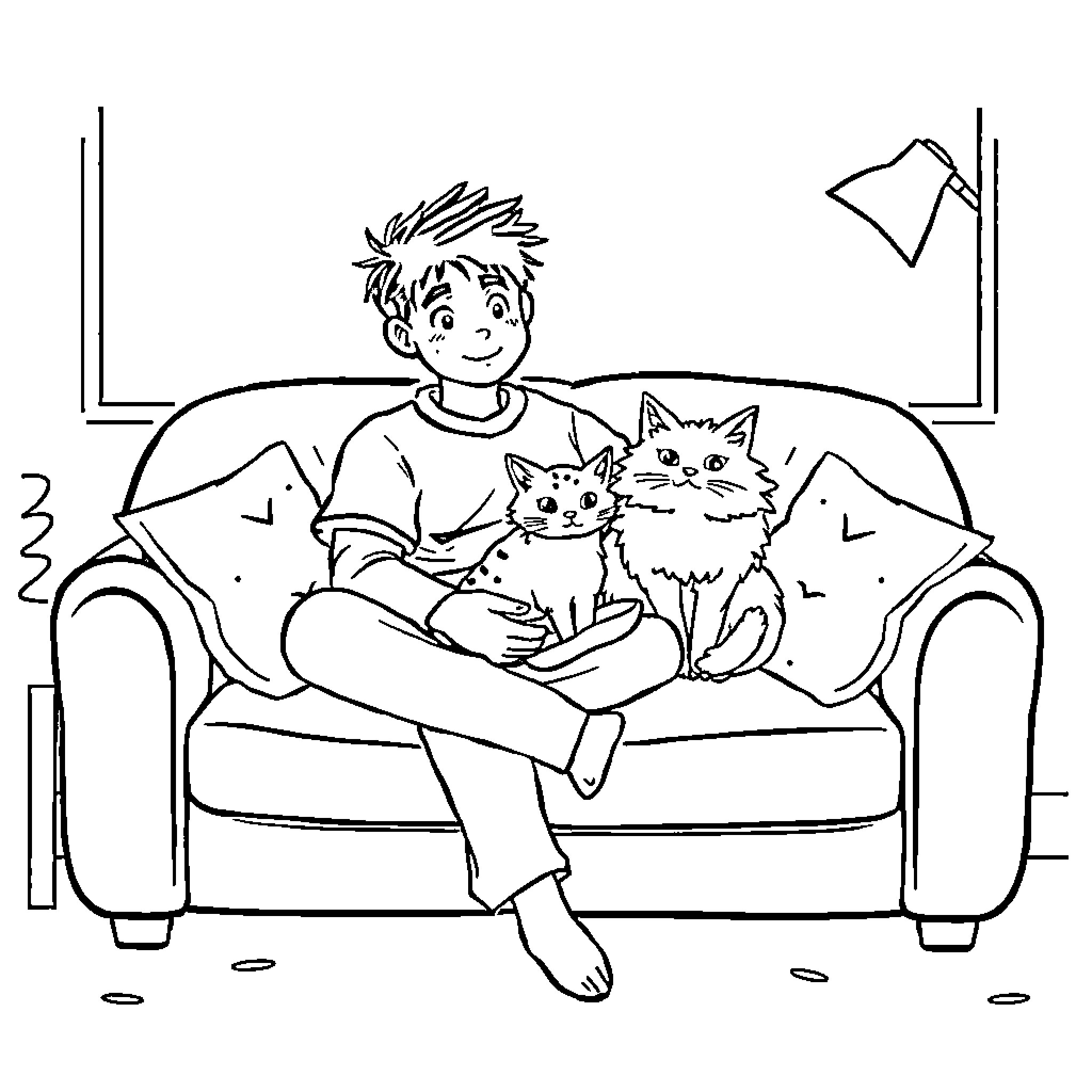 Gojo relaxing with adorable pets on cozy sofa Coloring Page (free black-and-white line drawing printable PDF for all, from beginners to advanced learners, including children, teens, adults, and seniors)