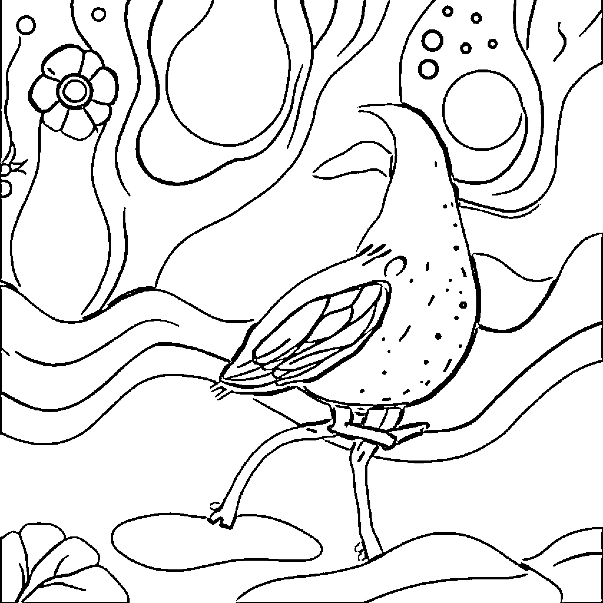 Attention: Whimsical Bird in Abstract Landscape Coloring Page (free black-and-white line drawing printable PDF for all, from beginners to advanced learners, including children, teens, adults, and seniors)