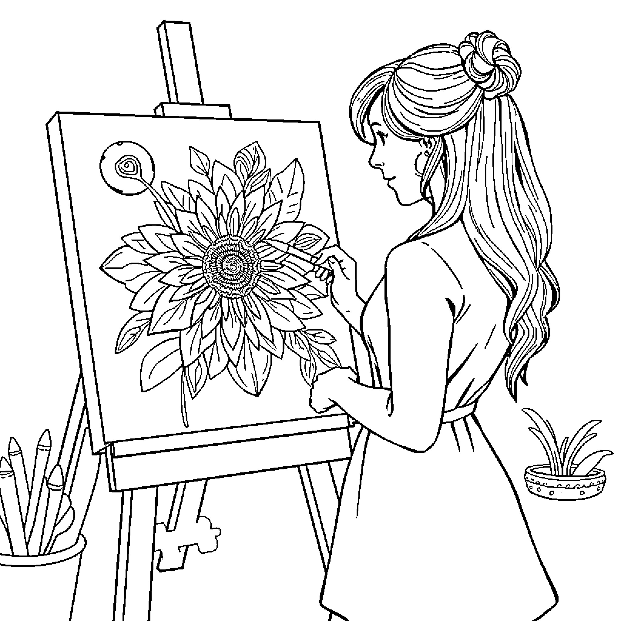 Lainey Wilson painting a sunflower on canvas Coloring Page (free black-and-white line drawing printable PDF for all, from beginners to advanced learners, including children, teens, adults, and seniors)