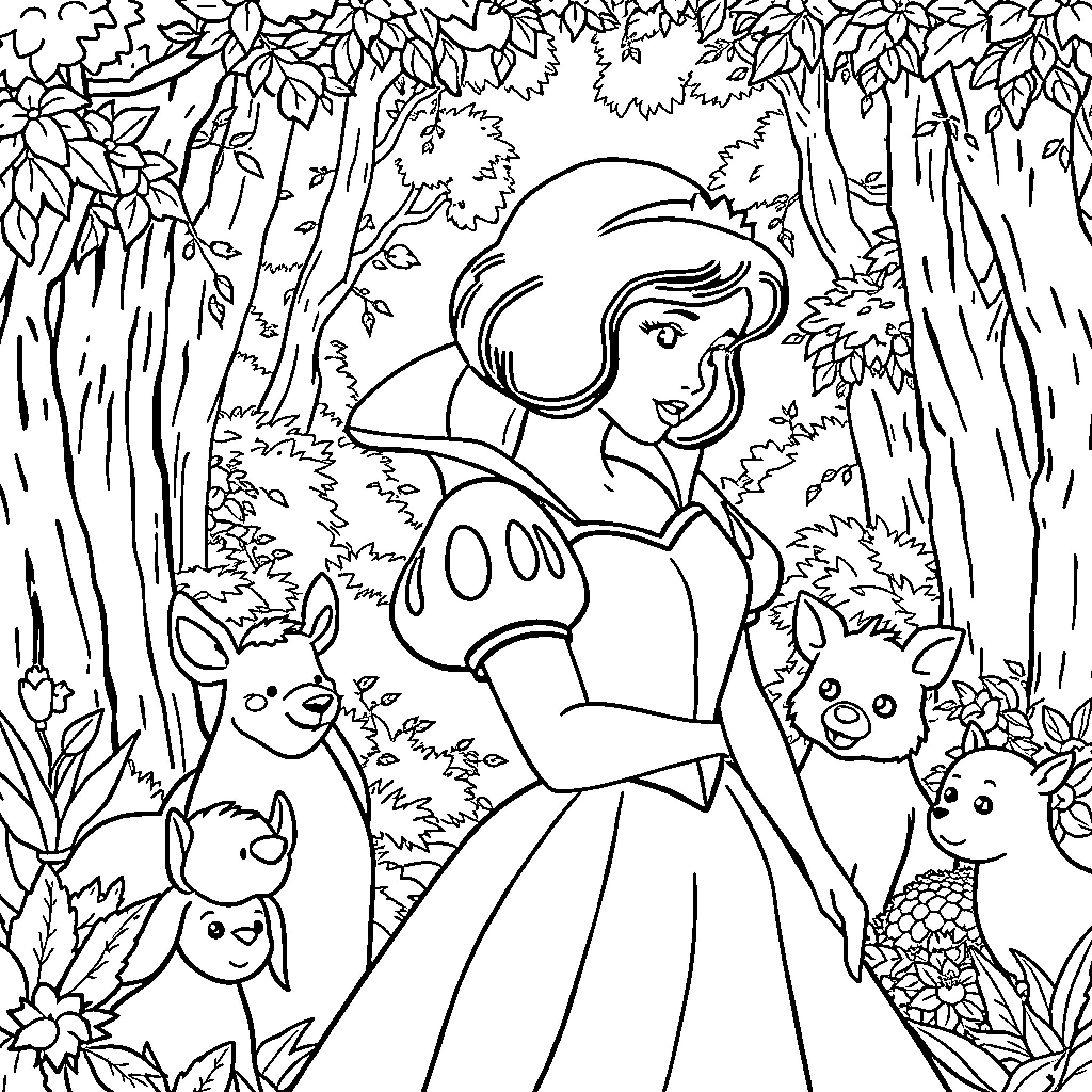 Snow White walking in the enchanted forest with woodland creatures Coloring Page (free black-and-white line drawing printable PDF for all, from beginners to advanced learners, including children, teens, adults, and seniors)
