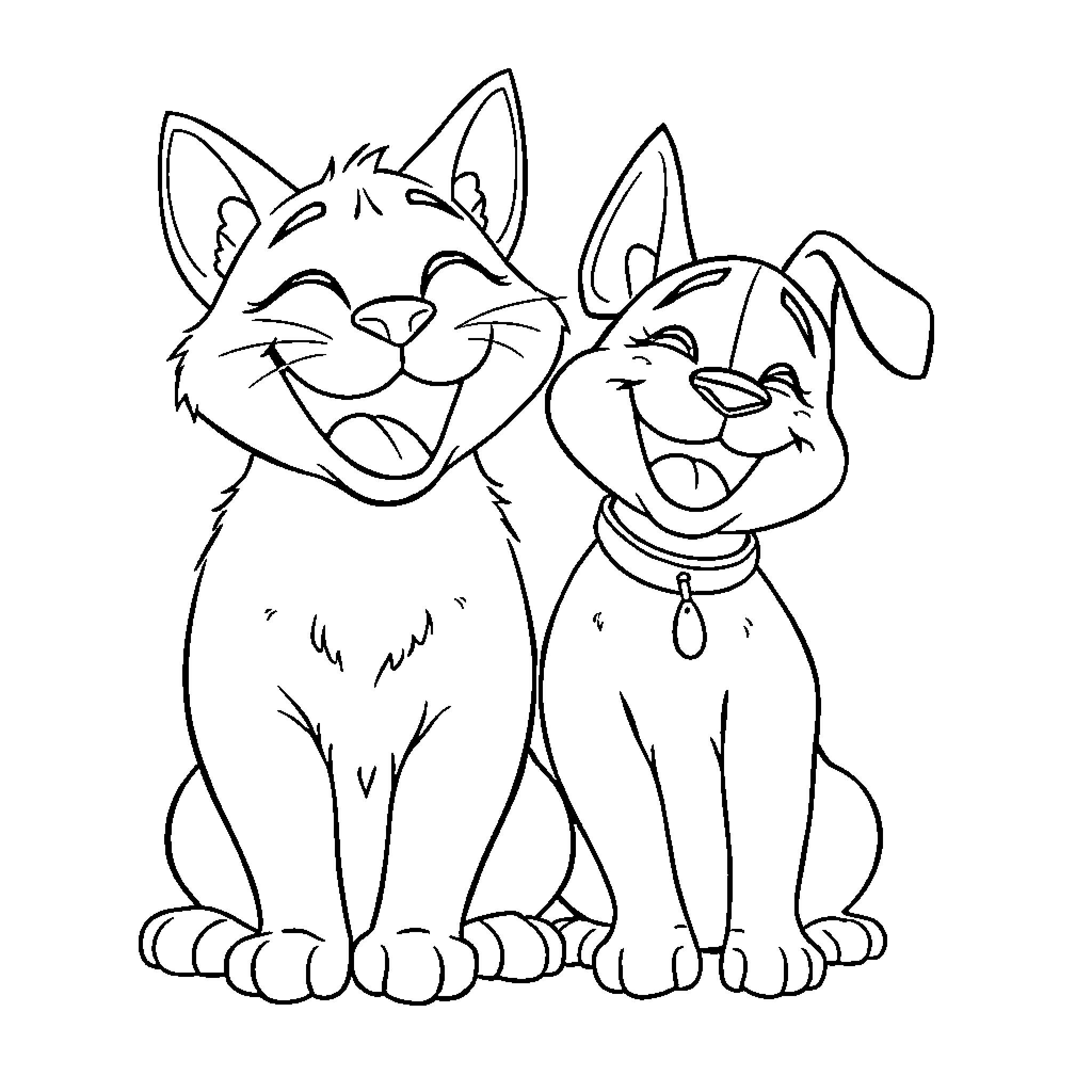 Cat and Dog Enjoying Each Other's Company Coloring Page (free black-and-white line drawing printable PDF for all, from beginners to advanced learners, including children, teens, adults, and seniors)