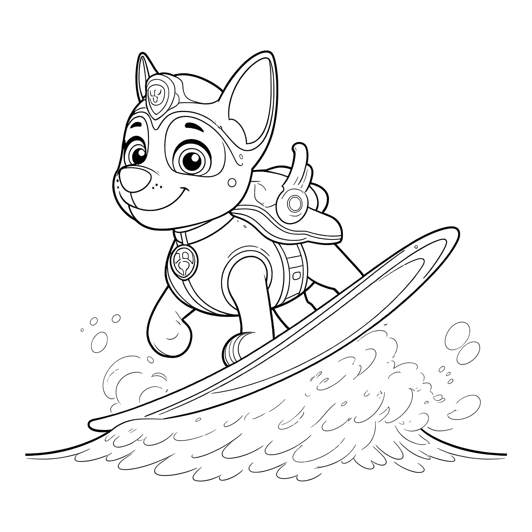 Marshall surfing happily on the waves Coloring Page (free black-and-white line drawing printable PDF for all, from beginners to advanced learners, including children, teens, adults, and seniors)