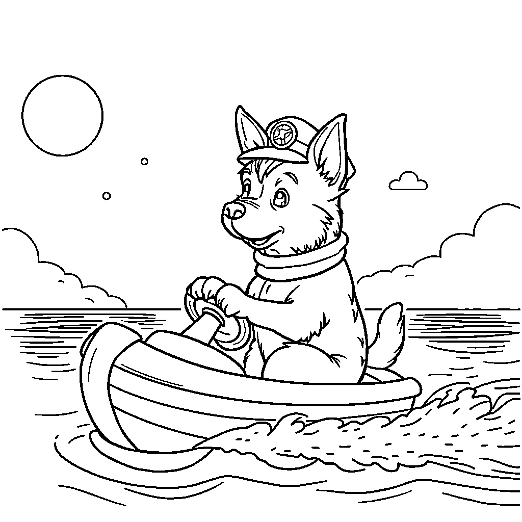 Dog sailing happily on a boat Coloring Page (free black-and-white line drawing printable PDF for all, from beginners to advanced learners, including children, teens, adults, and seniors)