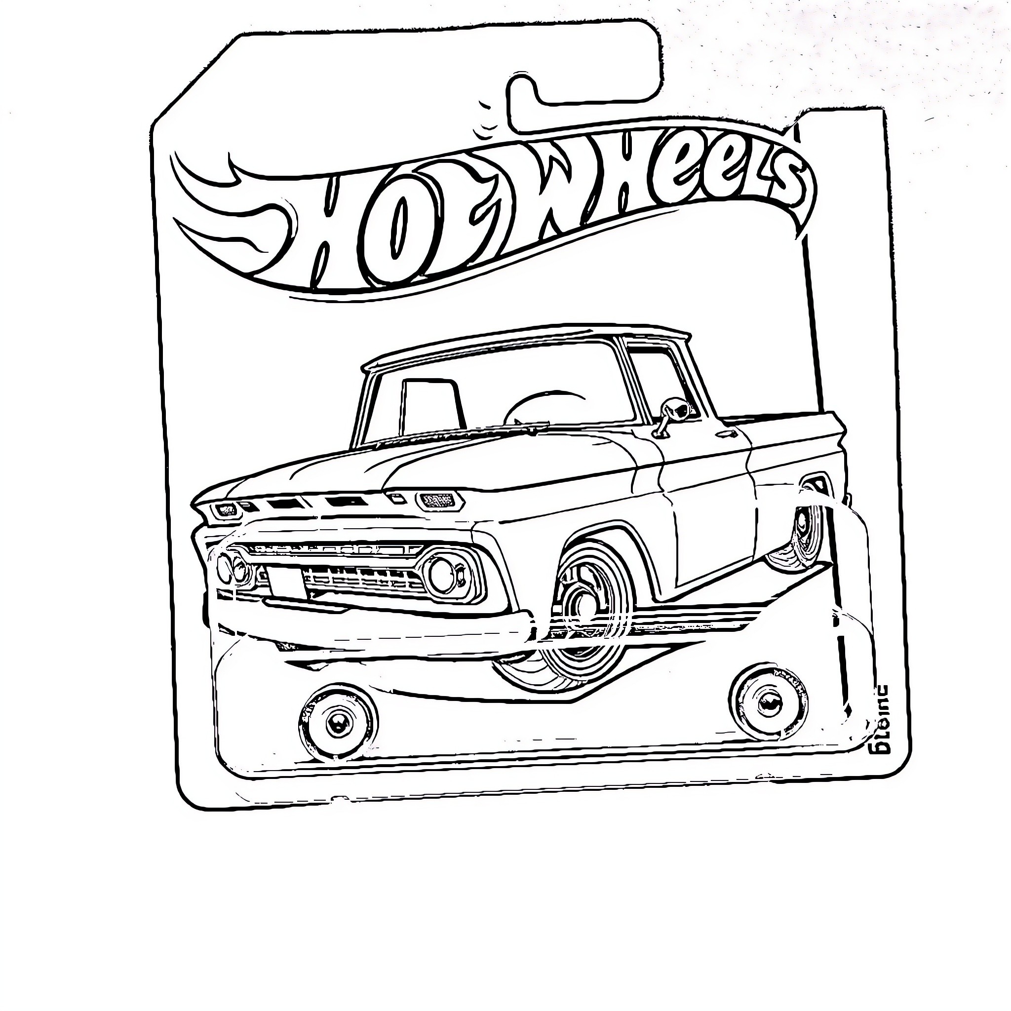 Chevy Hot Wheels truck on display Coloring Page (free black-and-white line drawing printable PDF for all, from beginners to advanced learners, including children, teens, adults, and seniors)