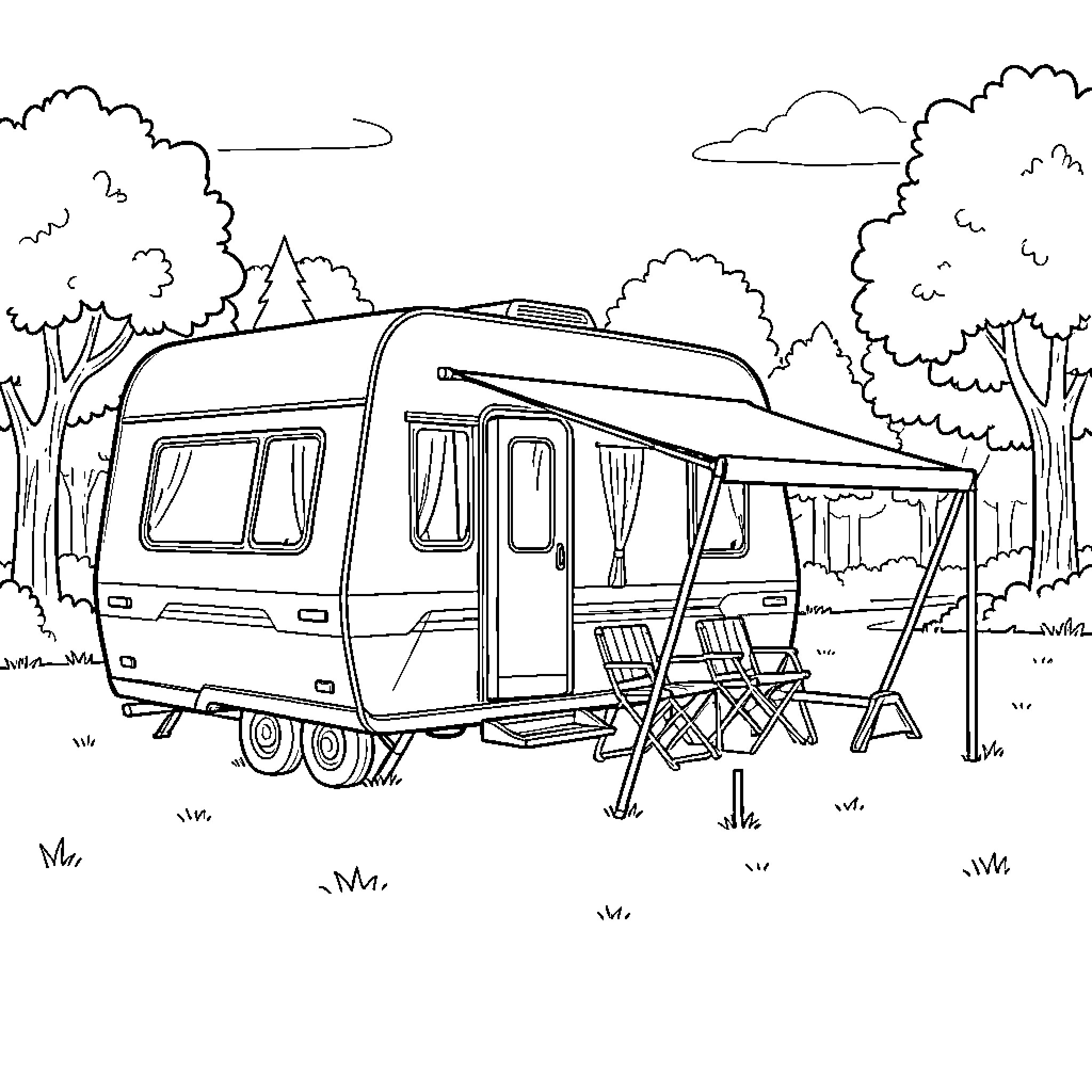 Caravan parked in a peaceful wooded campsite Coloring Page (free black-and-white line drawing printable PDF for all, from beginners to advanced learners, including children, teens, adults, and seniors)
