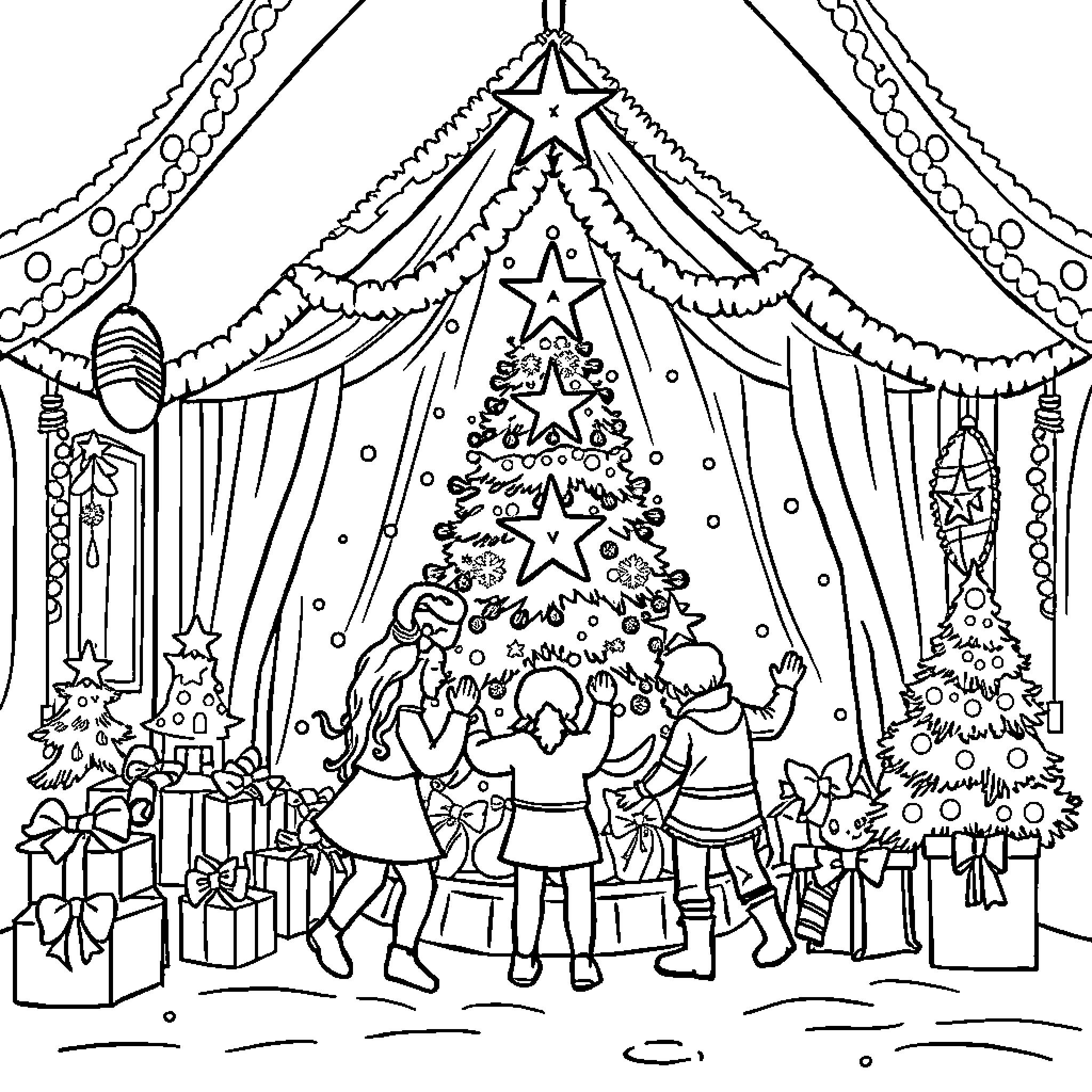 Rhythmic Gymnastics Performance at Christmas Celebration Coloring Page (free black-and-white line drawing printable PDF for all, from beginners to advanced learners, including children, teens, adults, and seniors)