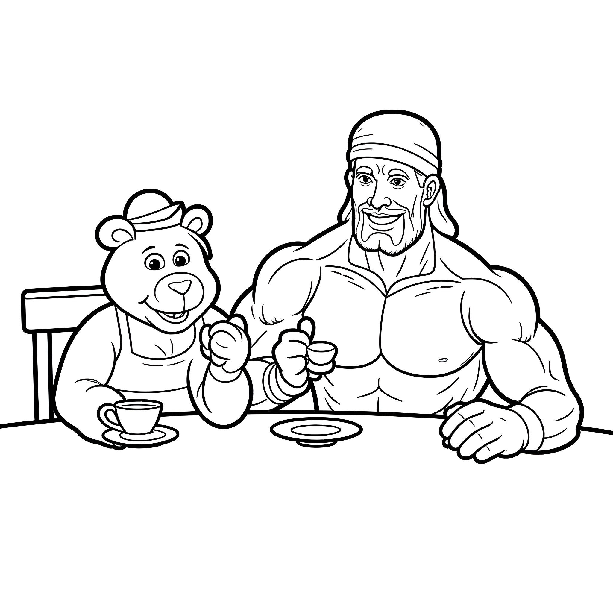 Hulk Hogan and a Muscular Teddy Bear Enjoying a Meal Coloring Page (free black-and-white line drawing printable PDF for all, from beginners to advanced learners, including children, teens, adults, and seniors)