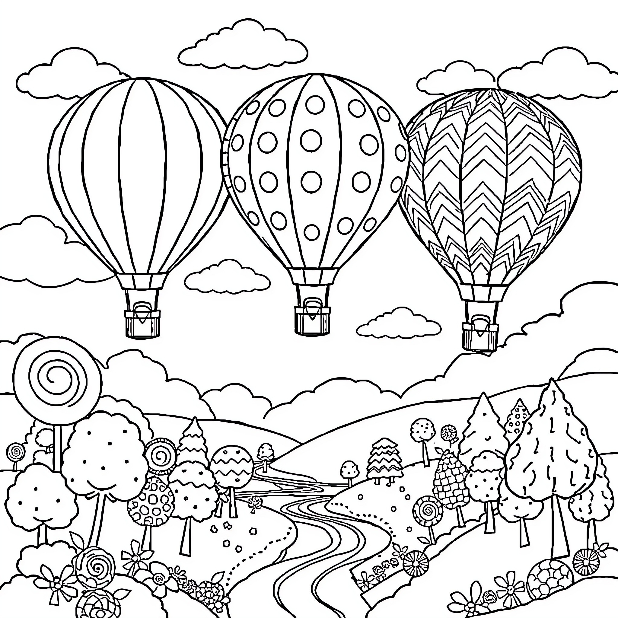 Hot Air Balloons Soaring Over Whimsical Landscape Coloring Page (free black-and-white line drawing printable PDF for all, from beginners to advanced learners, including children, teens, adults, and seniors)