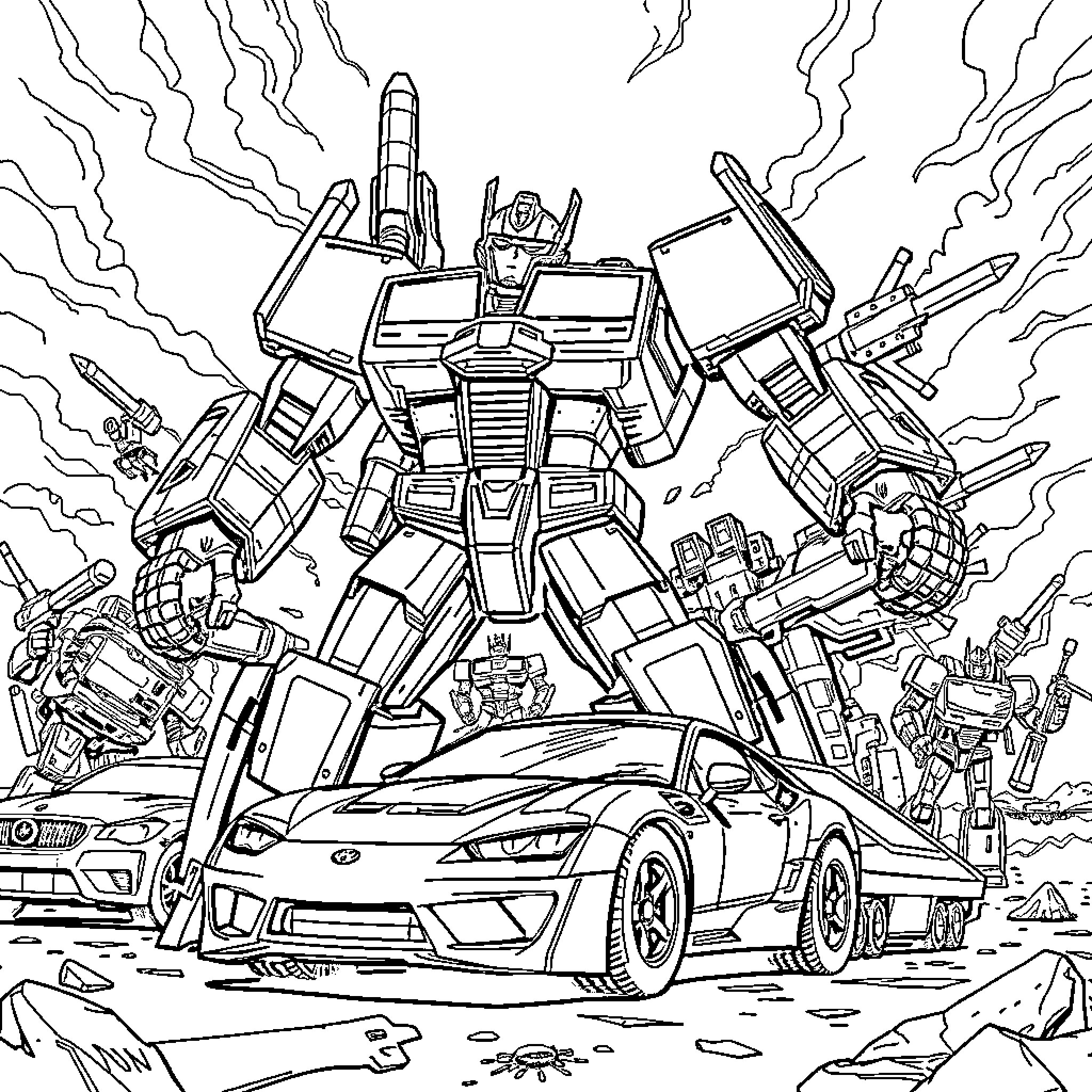 Transformer Mech Battle in Apocalyptic Landscape Coloring Page (free black-and-white line drawing printable PDF for all, from beginners to advanced learners, including children, teens, adults, and seniors)