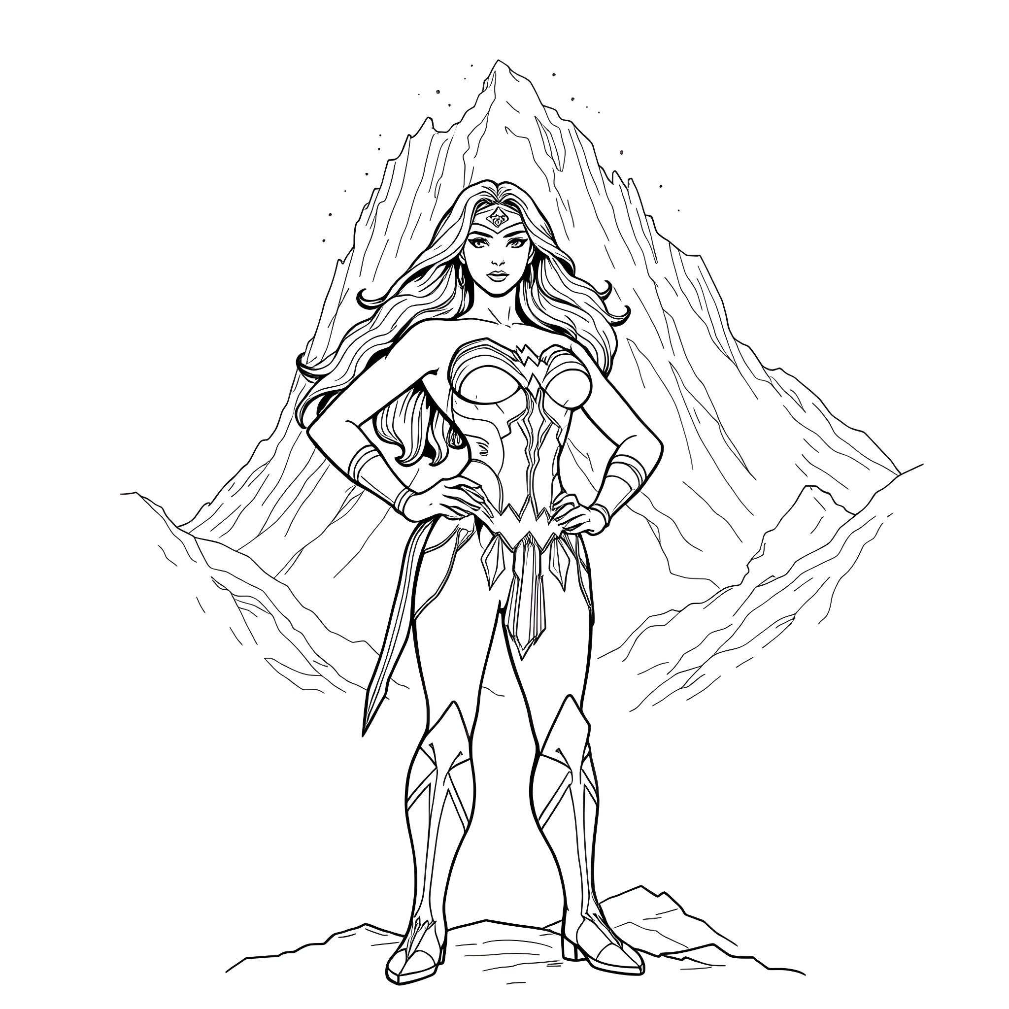 Wonder Woman standing tall in her heroic outfit Coloring Page (free black-and-white line drawing printable PDF for all, from beginners to advanced learners, including children, teens, adults, and seniors)