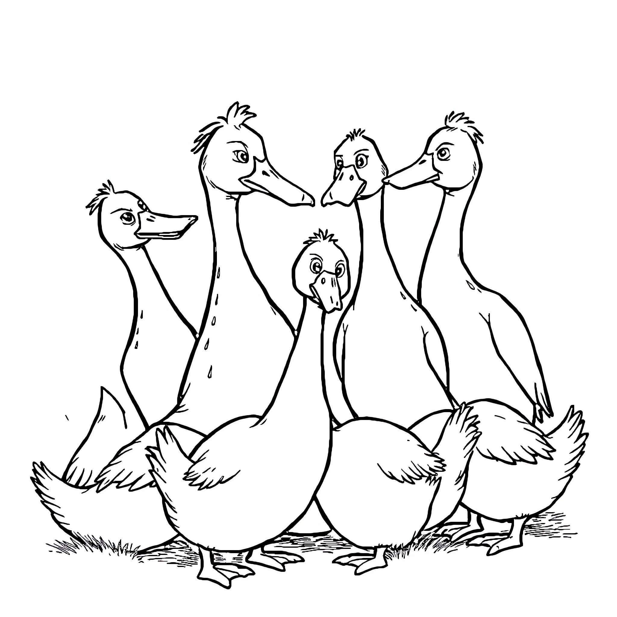 Goose friends gathered together Coloring Page (free black-and-white line drawing printable PDF for all, from beginners to advanced learners, including children, teens, adults, and seniors)