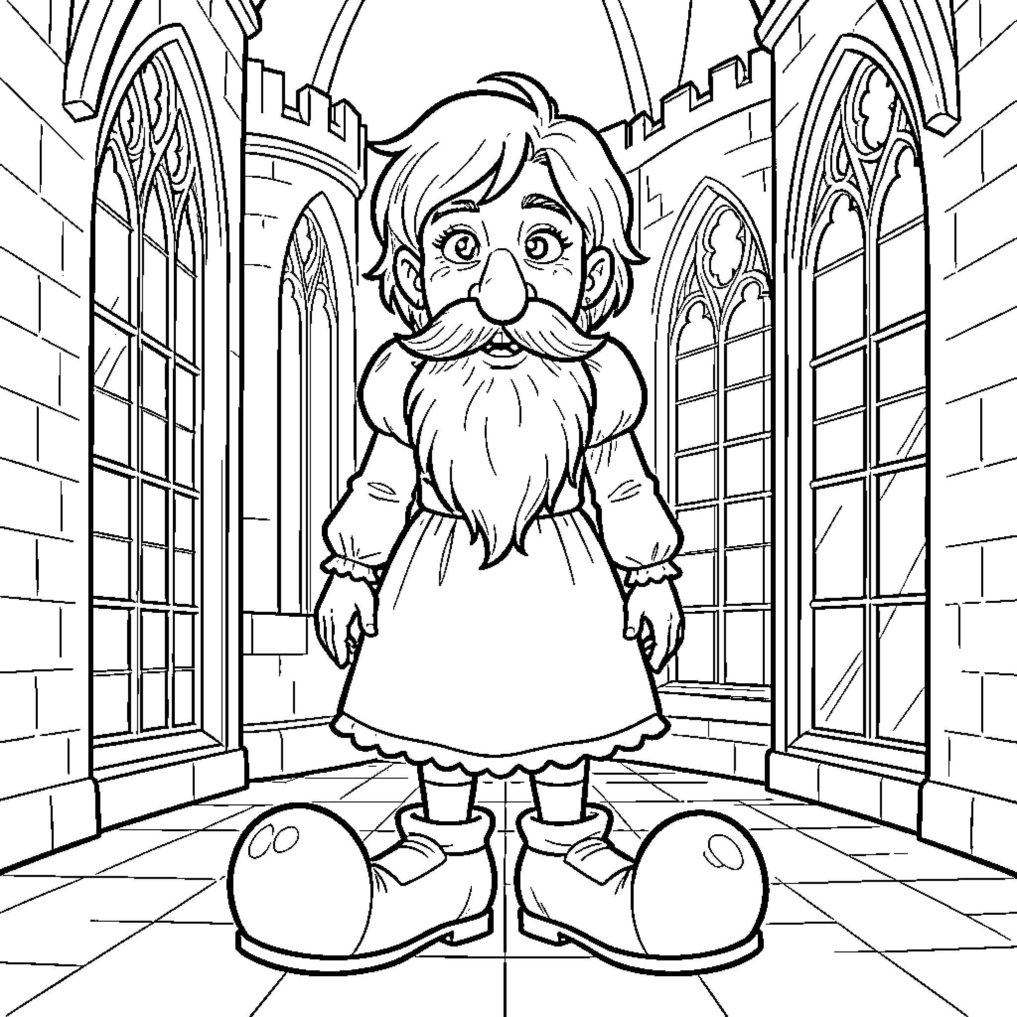 Princess in a Whimsical Castle Hallway Coloring Page (free black-and-white line drawing printable PDF for all, from beginners to advanced learners, including children, teens, adults, and seniors)