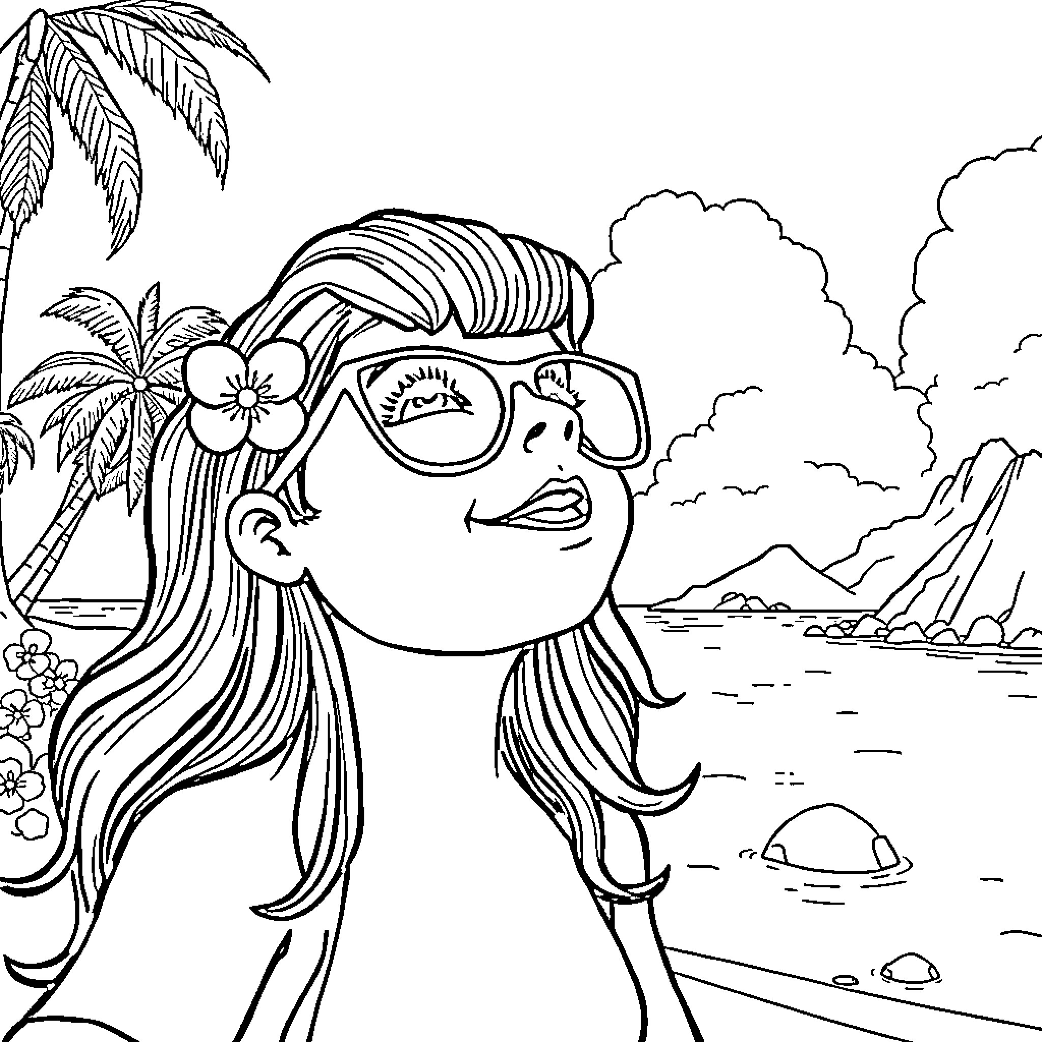 Mafalda enjoying the tropical beach scenery Coloring Page (free black-and-white line drawing printable PDF for all, from beginners to advanced learners, including children, teens, adults, and seniors)