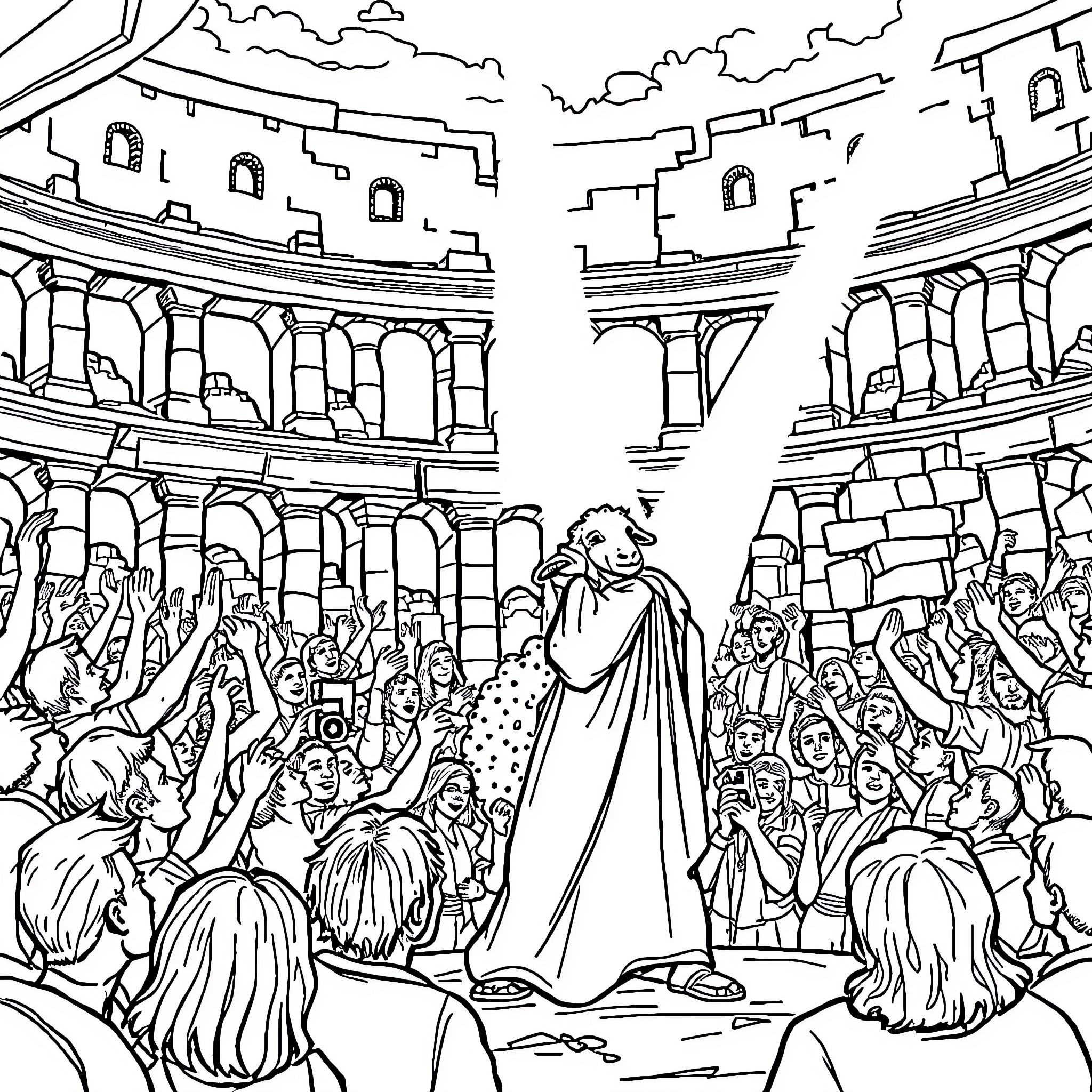 Lamb addressing a crowd in an ancient amphitheater Coloring Page (free black-and-white line drawing printable PDF for all, from beginners to advanced learners, including children, teens, adults, and seniors)