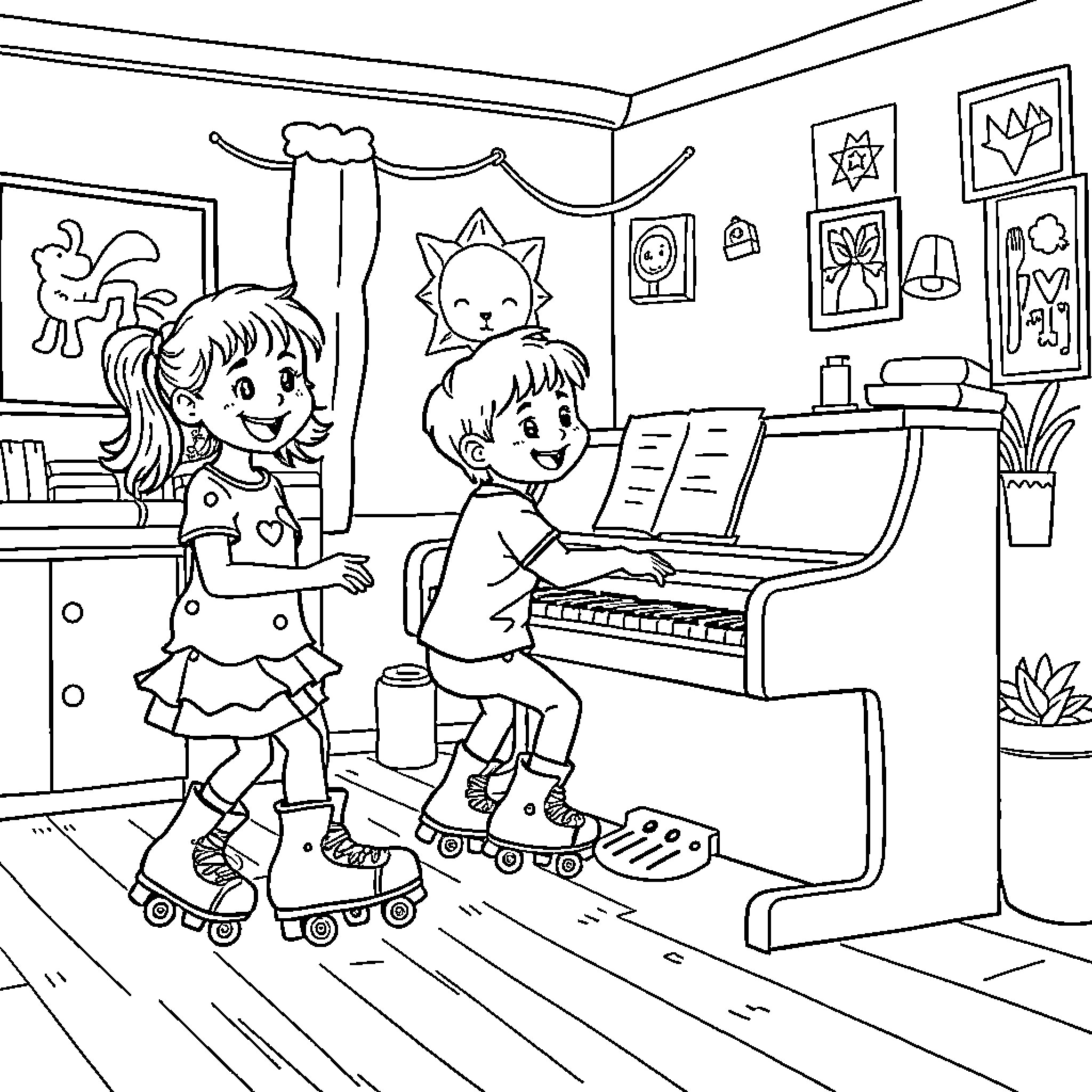 Kid siblings play music and skate in room Coloring Page (free black-and-white line drawing printable PDF for all, from beginners to advanced learners, including children, teens, adults, and seniors)