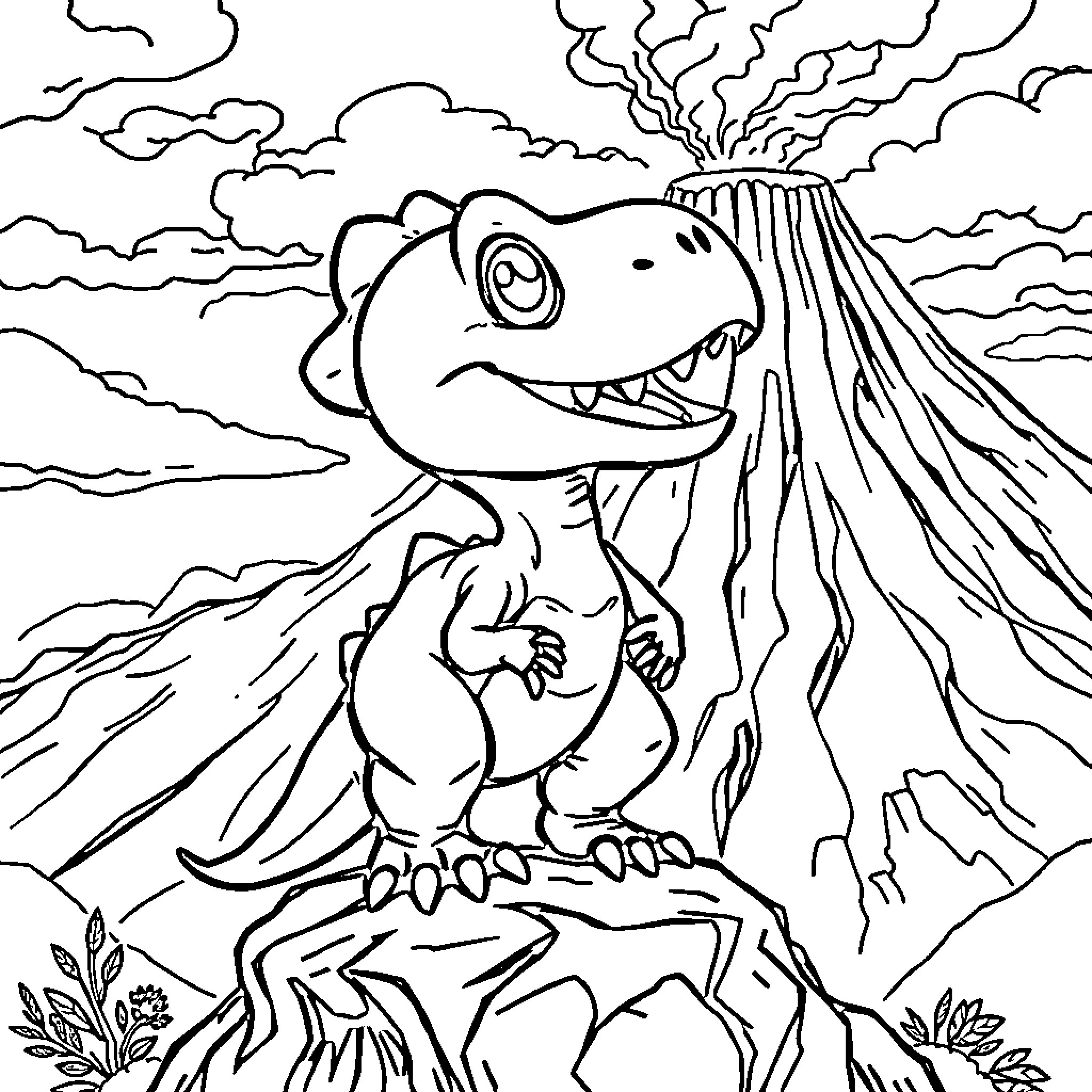 Raptor erupting from volcano with fierce expression Coloring Page (free black-and-white line drawing printable PDF for all, from beginners to advanced learners, including children, teens, adults, and seniors)