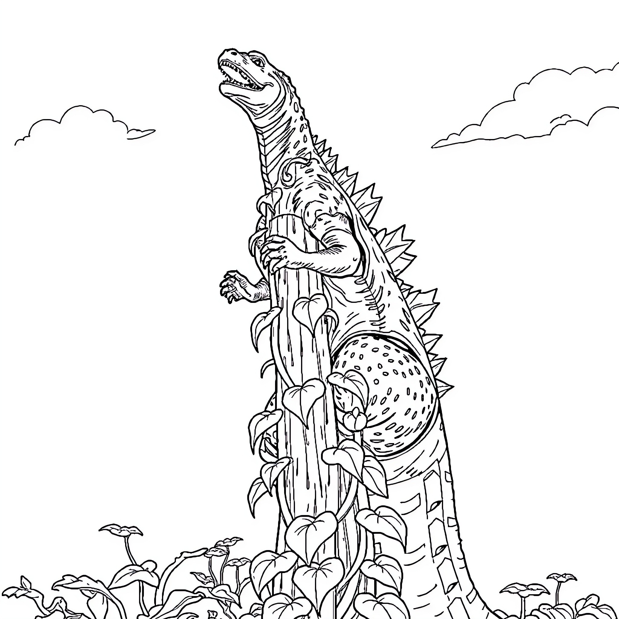 Godzilla Stomping through Lush Vegetation Coloring Page (free black-and-white line drawing printable PDF for all, from beginners to advanced learners, including children, teens, adults, and seniors)