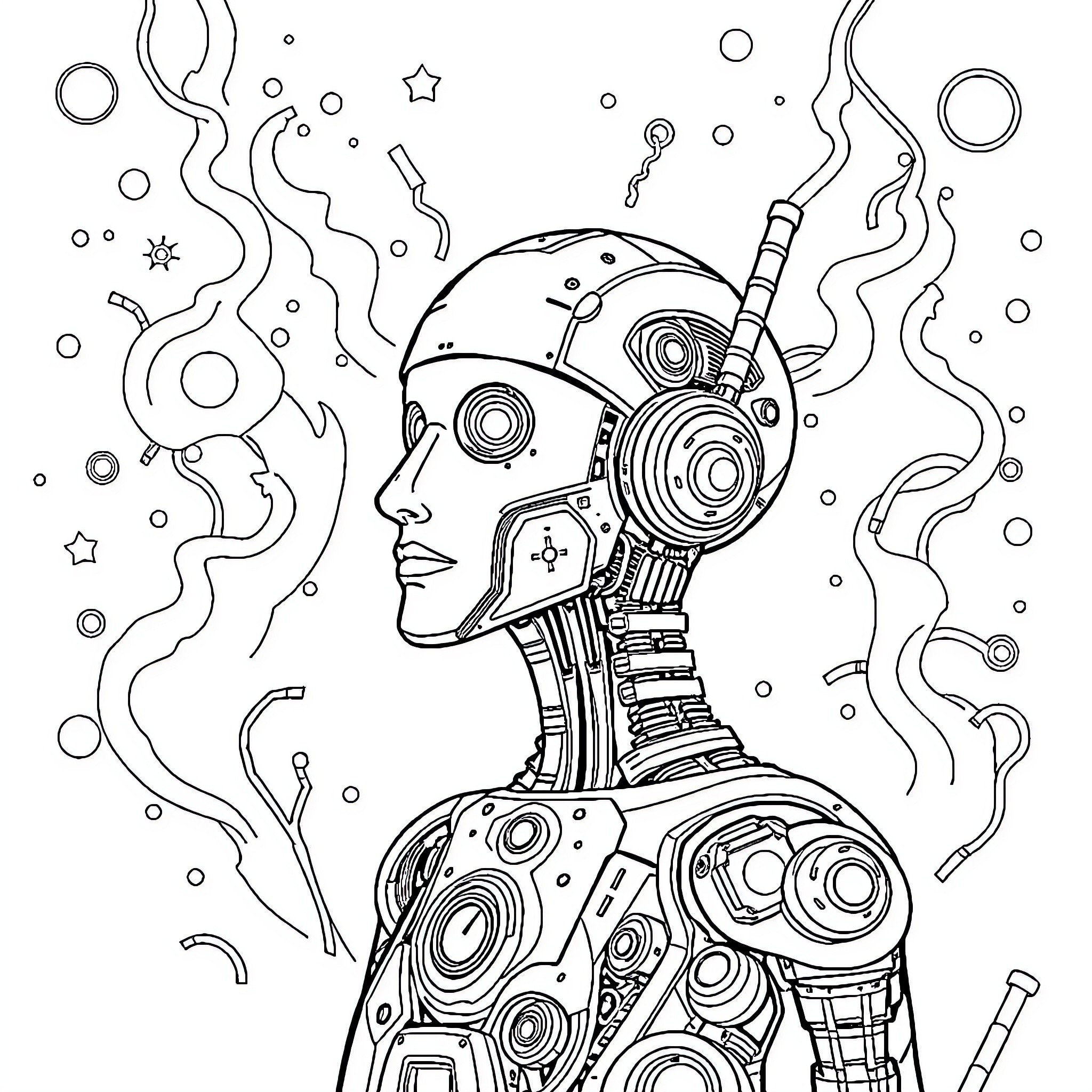 Machine Imagination in the Cosmos Coloring Page (free black-and-white line drawing printable PDF for all, from beginners to advanced learners, including children, teens, adults, and seniors)