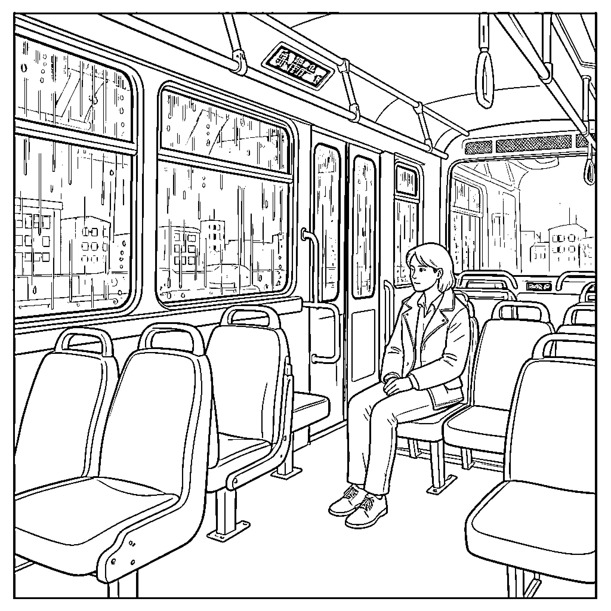 Bus interior with lone passenger in formal attire Coloring Page (free black-and-white line drawing printable PDF for all, from beginners to advanced learners, including children, teens, adults, and seniors)