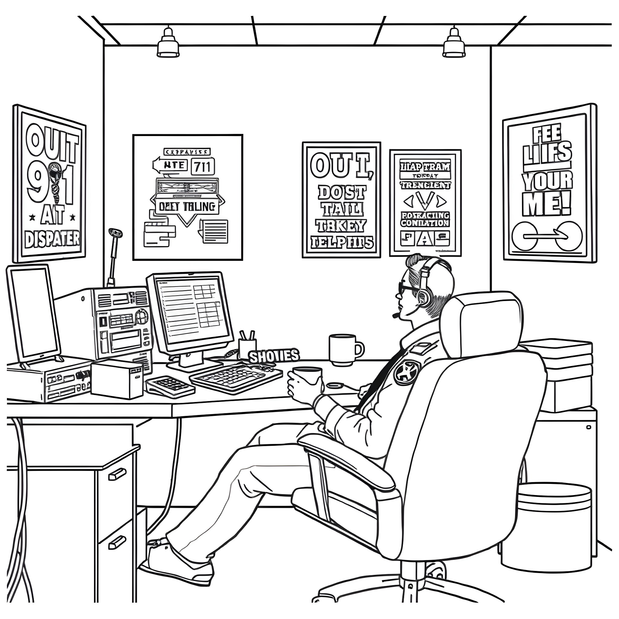 Dispatcher at work in dispatch center Coloring Page (free black-and-white line drawing printable PDF for all, from beginners to advanced learners, including children, teens, adults, and seniors)