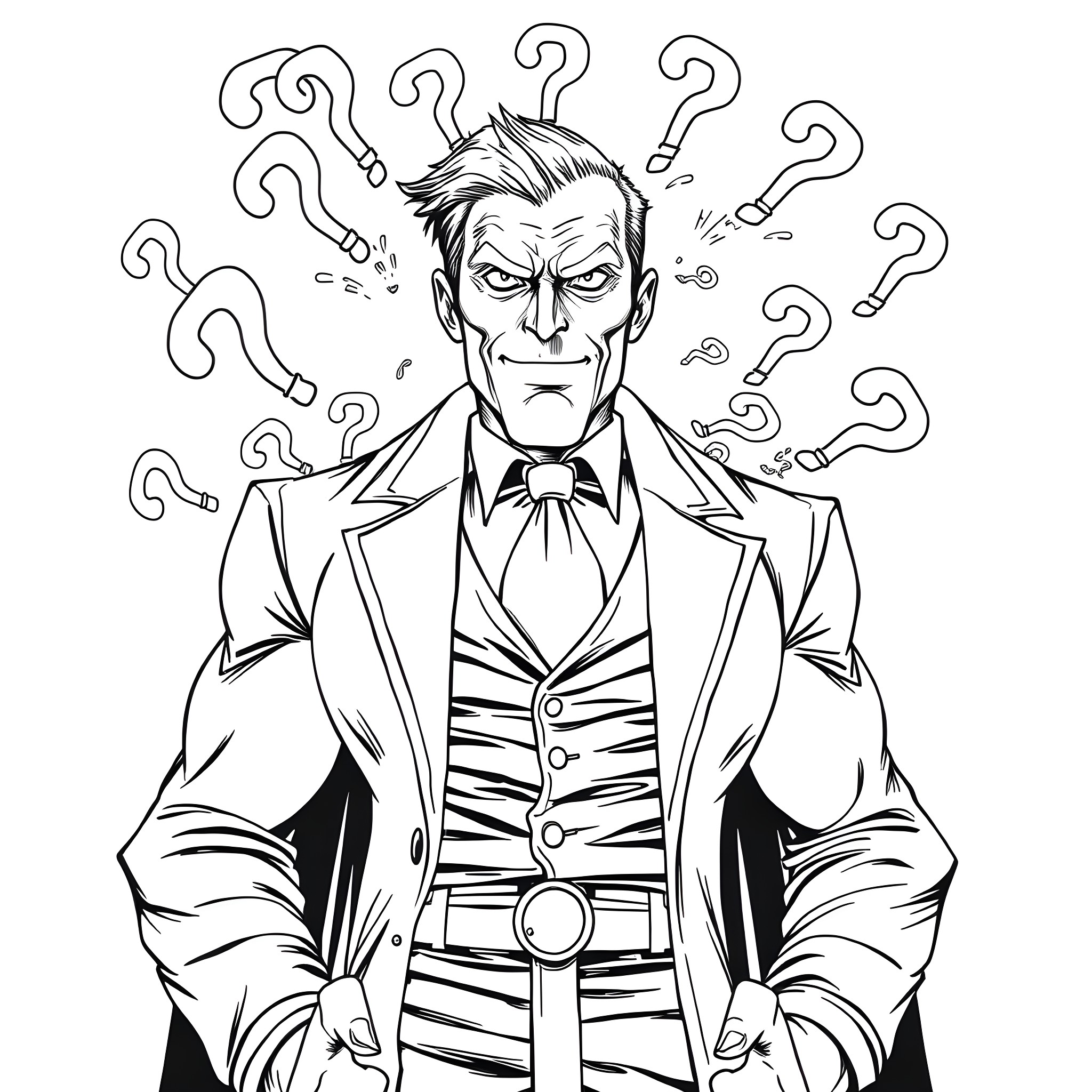 Riddler surrounded by questions Coloring Page (free black-and-white line drawing printable PDF for all, from beginners to advanced learners, including children, teens, adults, and seniors)